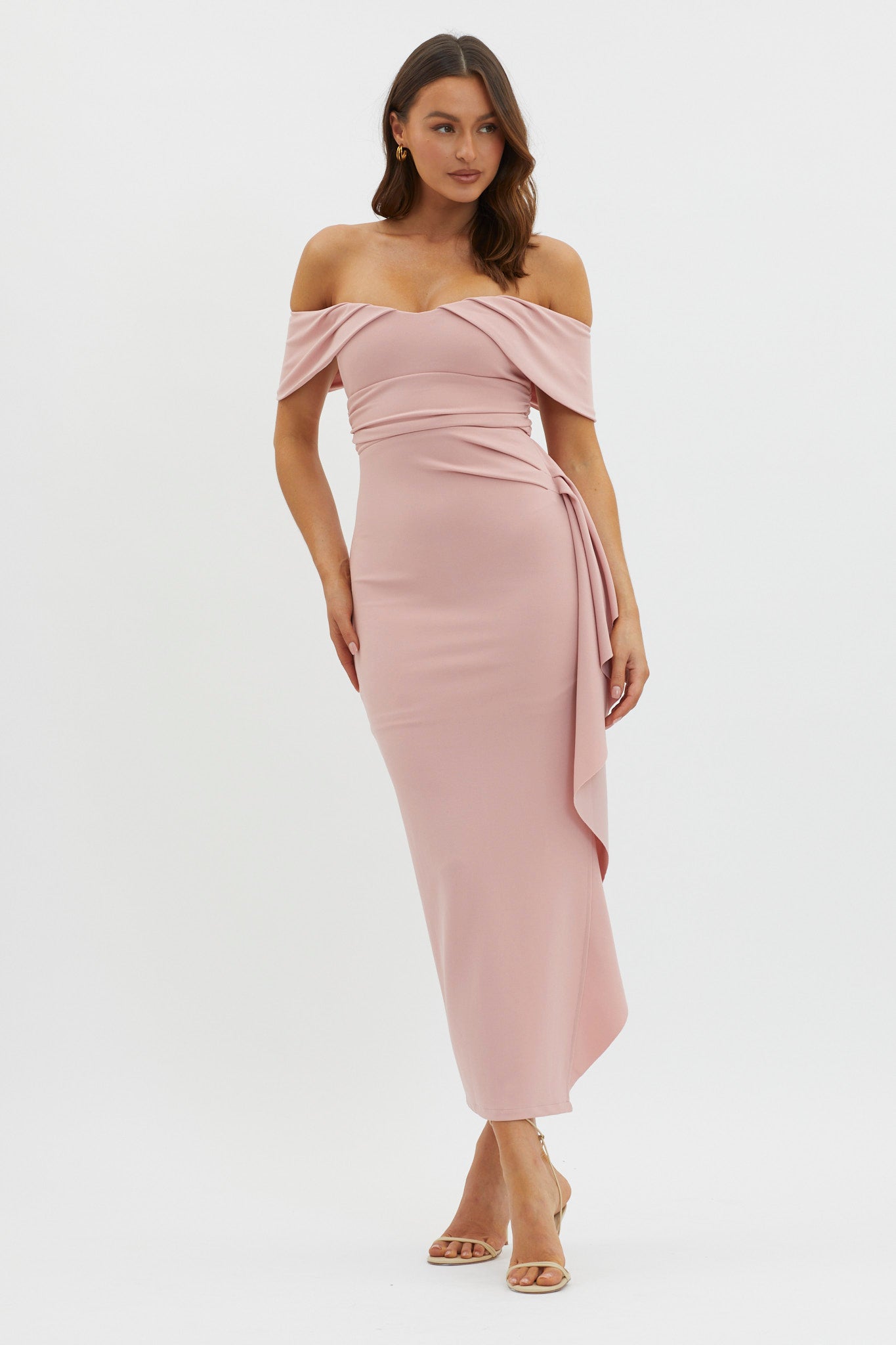 Lillianne Off-Shoulder Side Ruffle Maxi Dress Blush-Maymioy