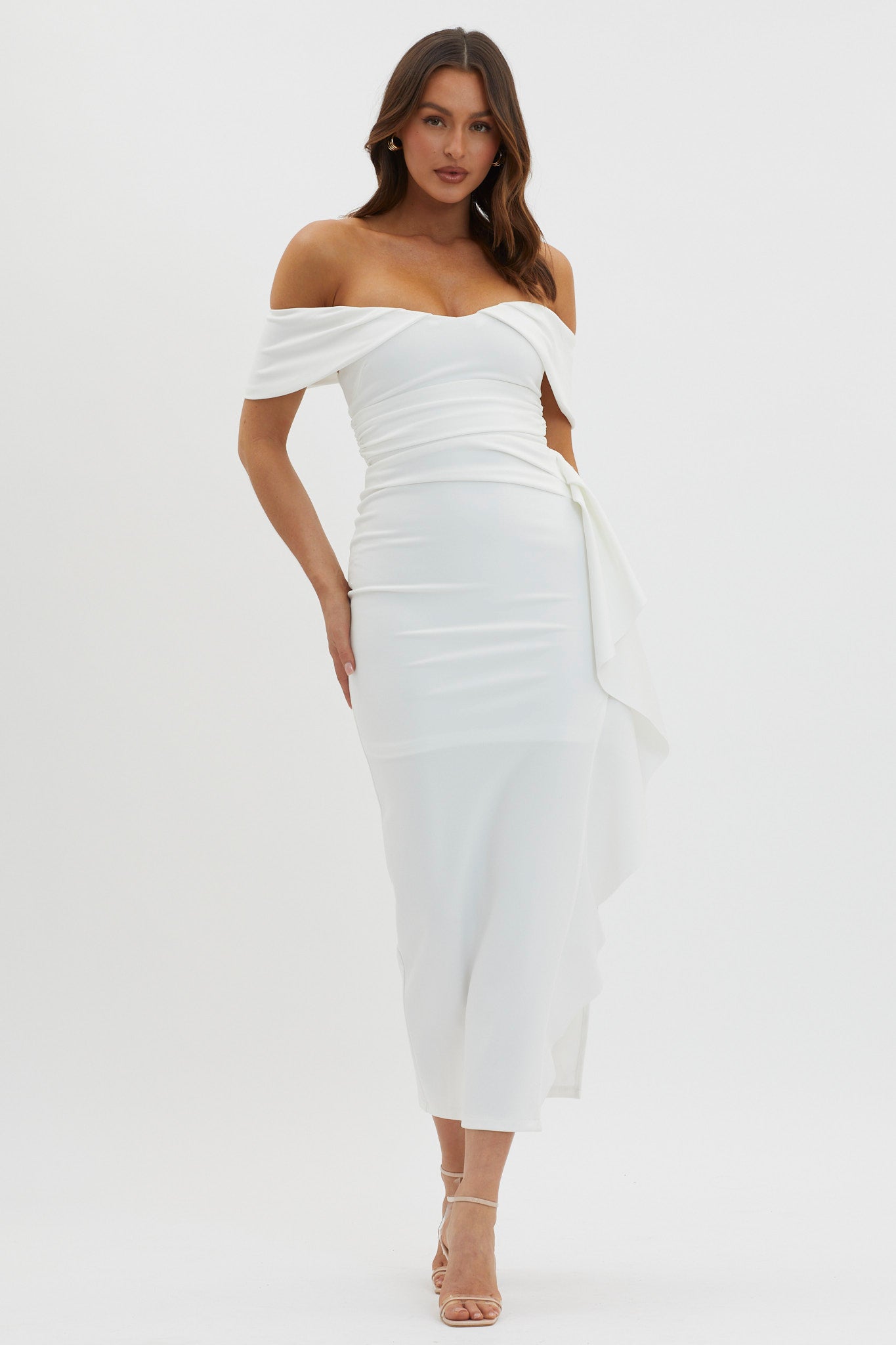Lillianne Off-Shoulder Side Ruffle Maxi Dress White-Maymioy