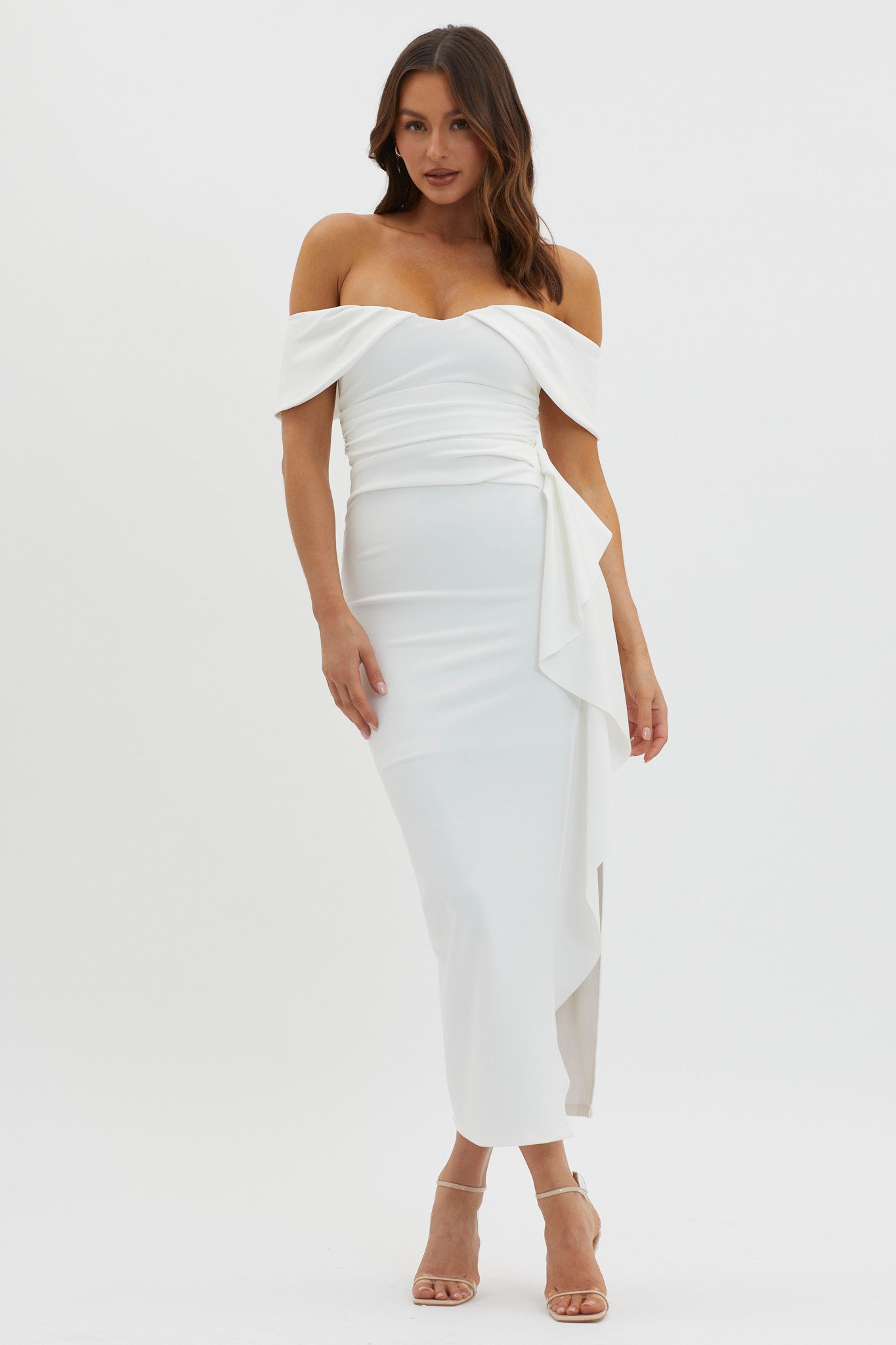 Lillianne Off-Shoulder Side Ruffle Maxi Dress White-Maymioy