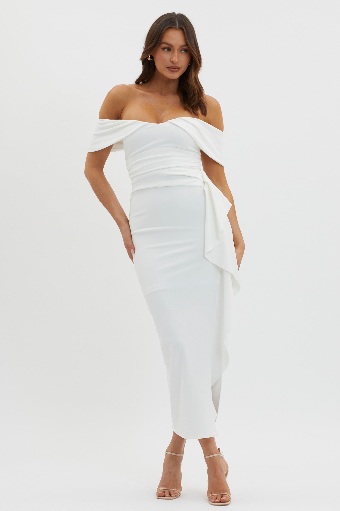 Lillianne Off-Shoulder Side Ruffle Maxi Dress White-Maymioy
