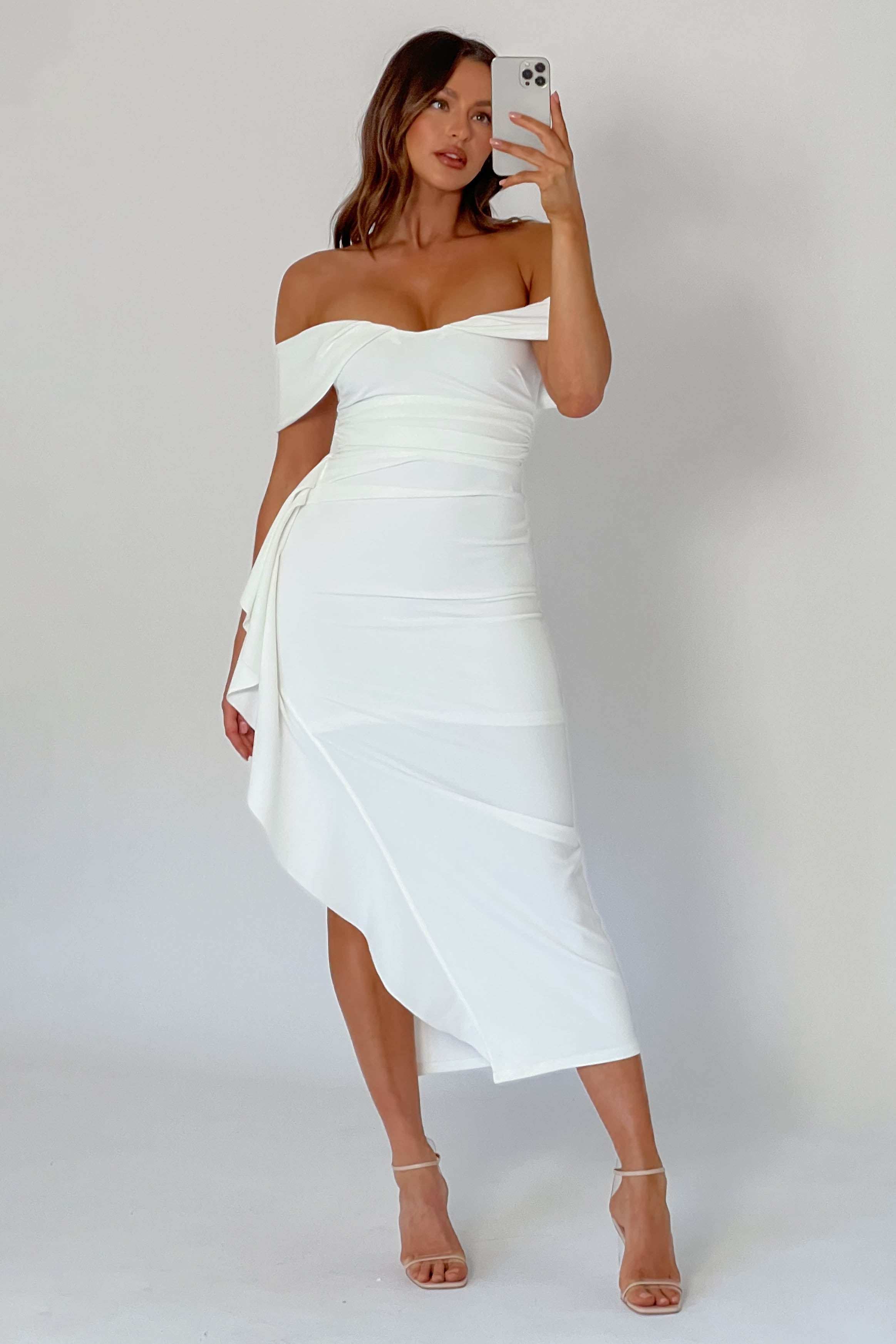 Lillianne Off-Shoulder Side Ruffle Maxi Dress White-Maymioy