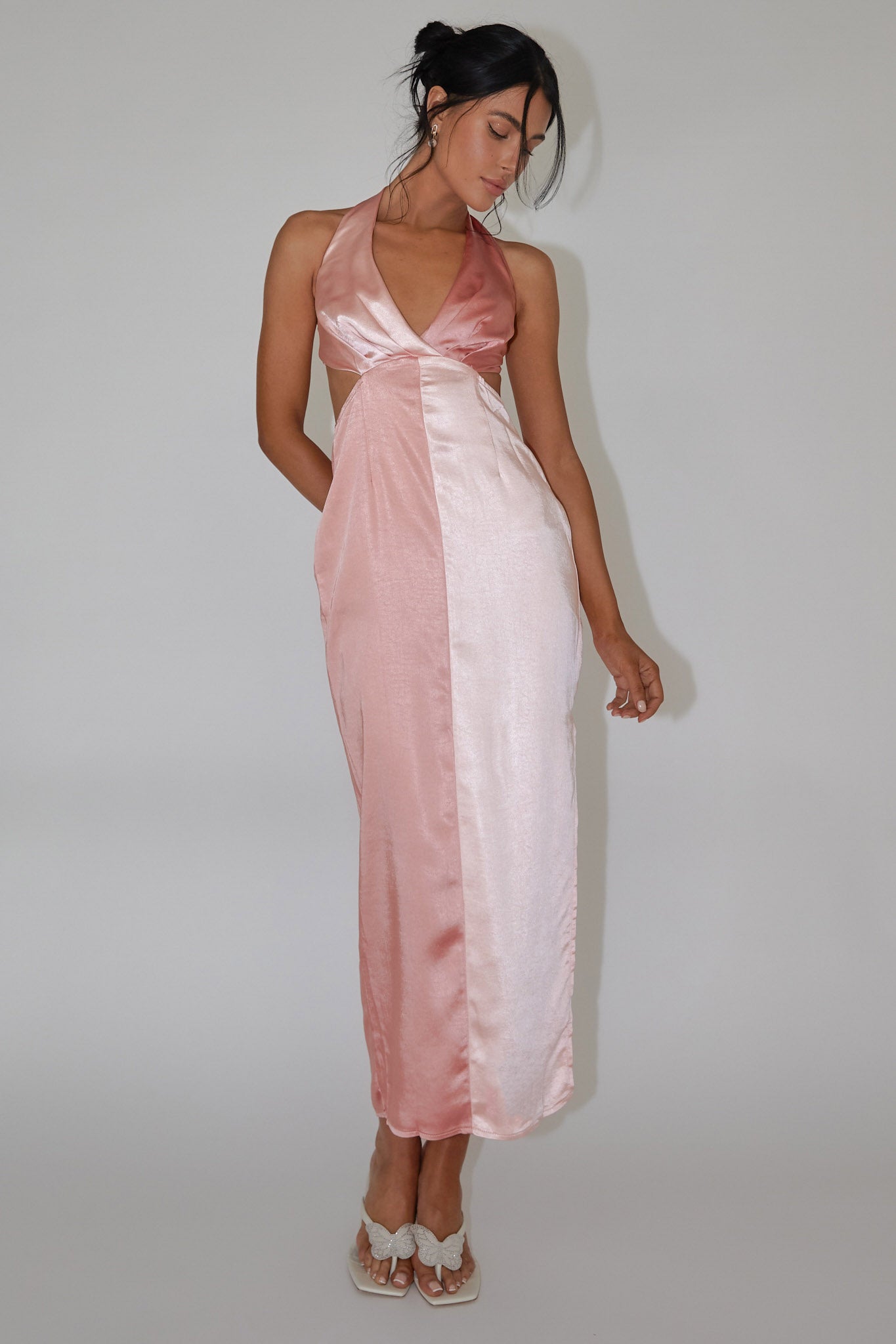 Harlequin Halterneck Satin Maxi Dress Blush-Maymioy