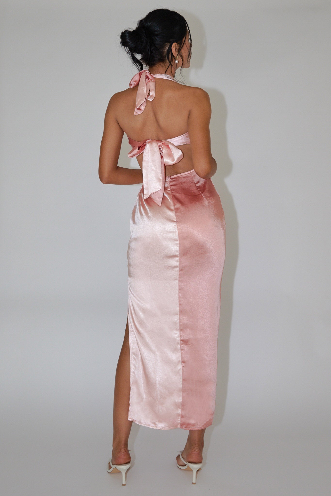 Harlequin Halterneck Satin Maxi Dress Blush-Maymioy