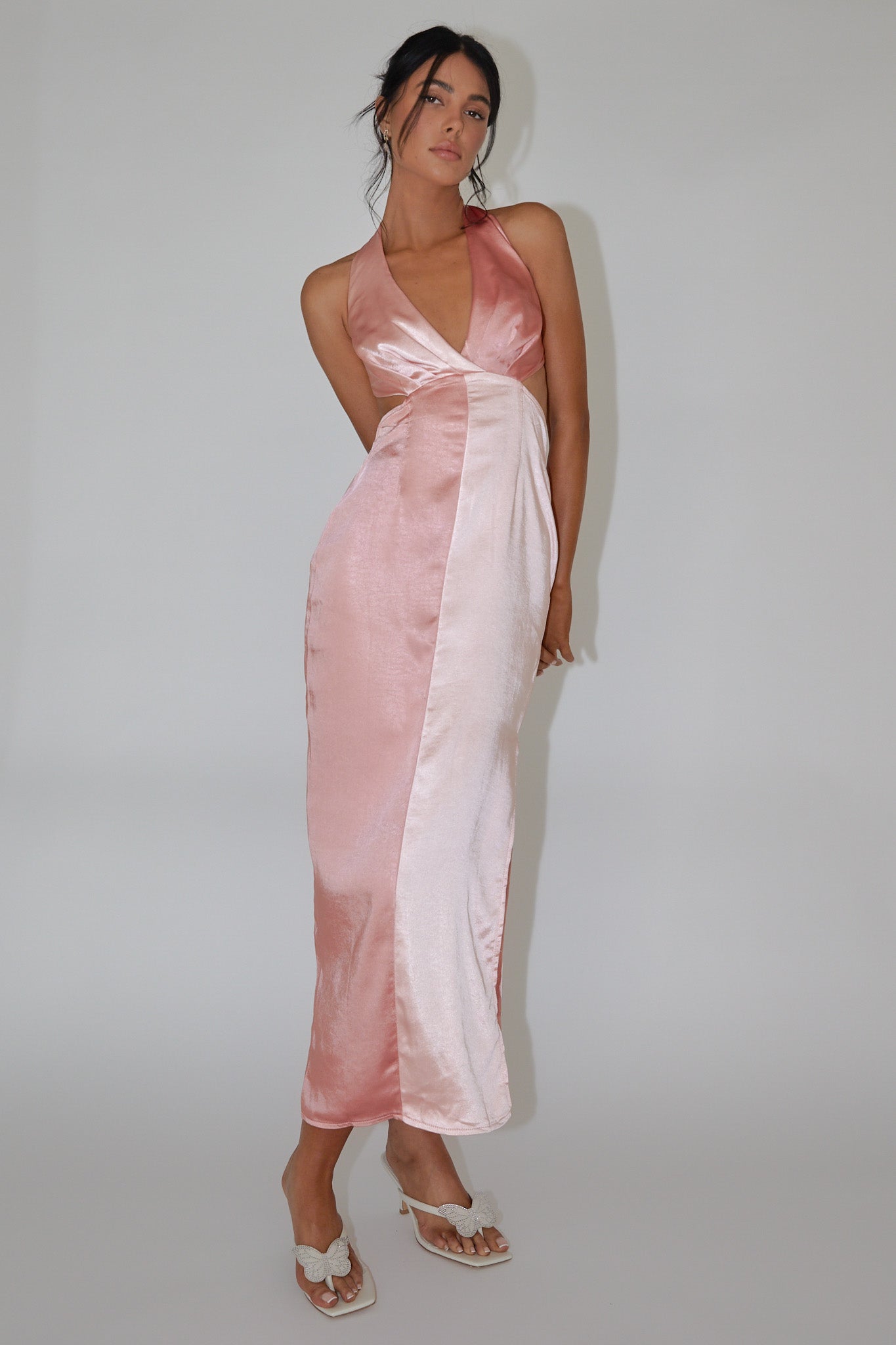Harlequin Halterneck Satin Maxi Dress Blush-Maymioy