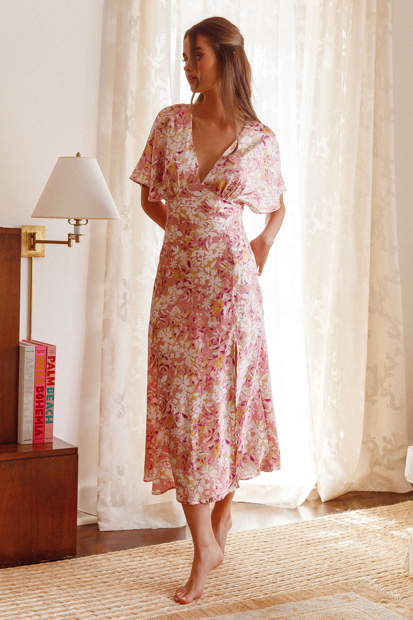Graceful Batwing Sleeve Midi Dress Floral Pink-Maymioy
