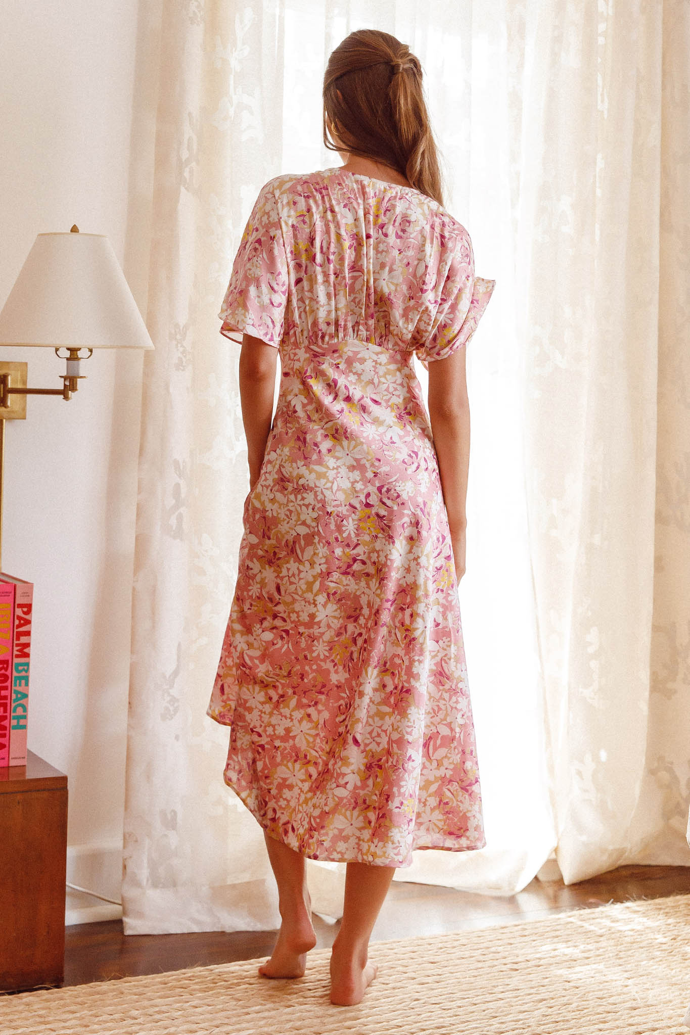 Graceful Batwing Sleeve Midi Dress Floral Pink-Maymioy