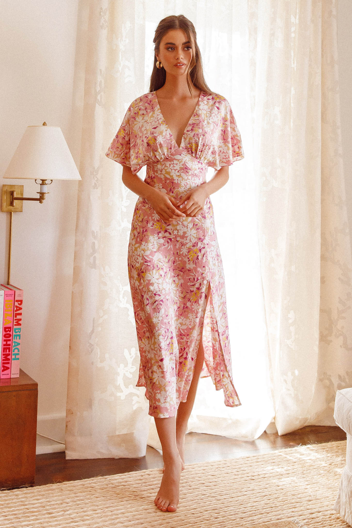 Graceful Batwing Sleeve Midi Dress Floral Pink-Maymioy