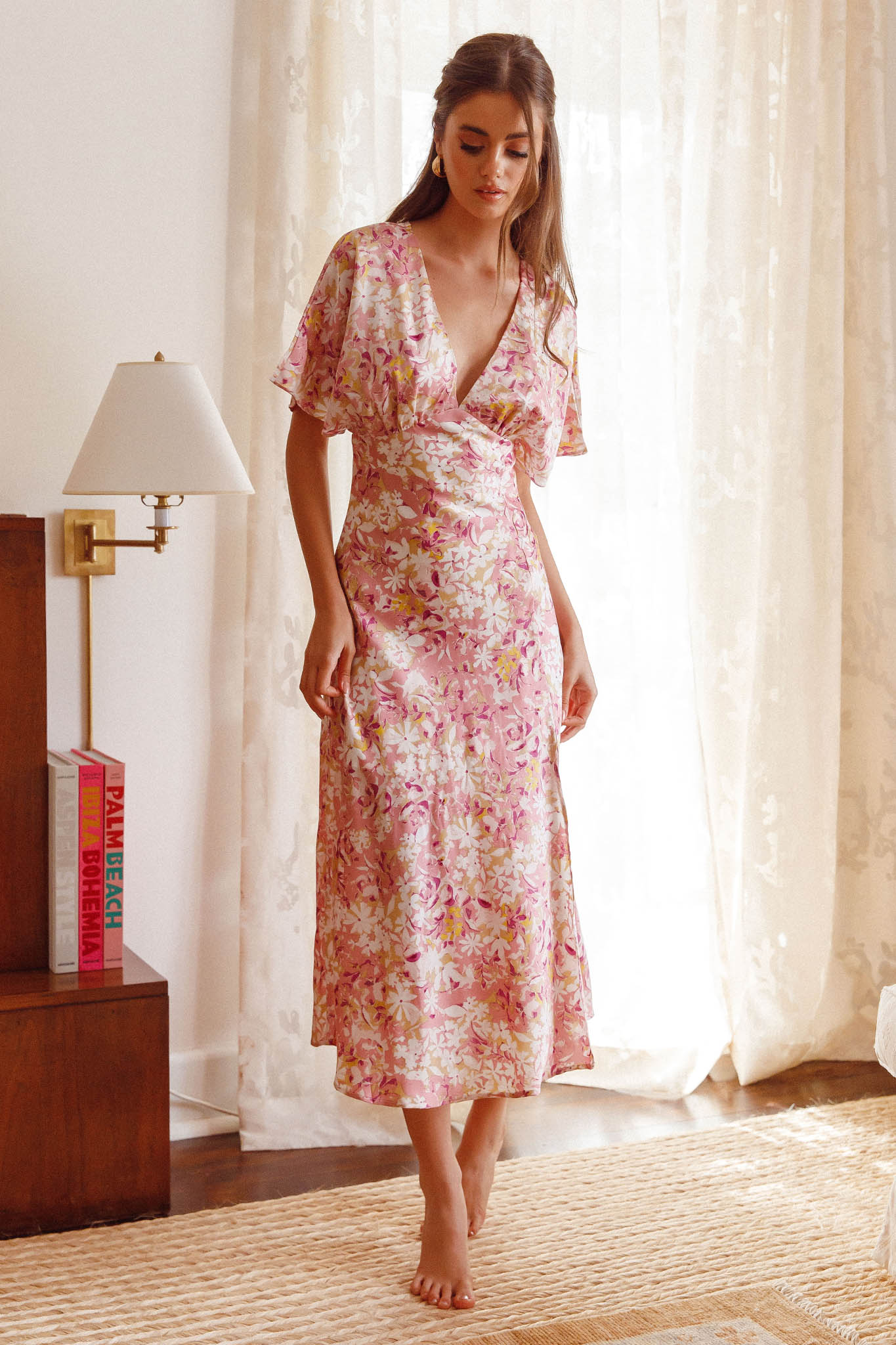 Graceful Batwing Sleeve Midi Dress Floral Pink-Maymioy