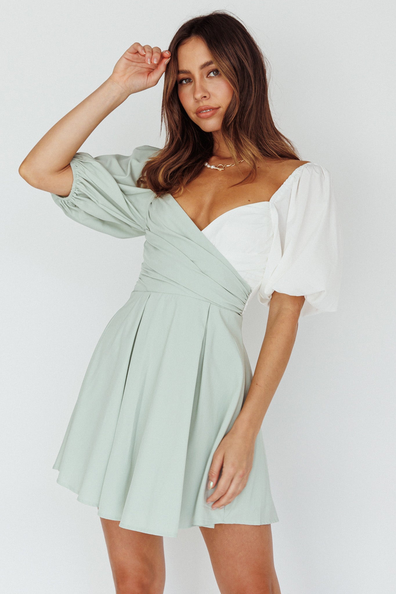 Melie Puff Sleeve Mini Dress Pistachio/White-Maymioy