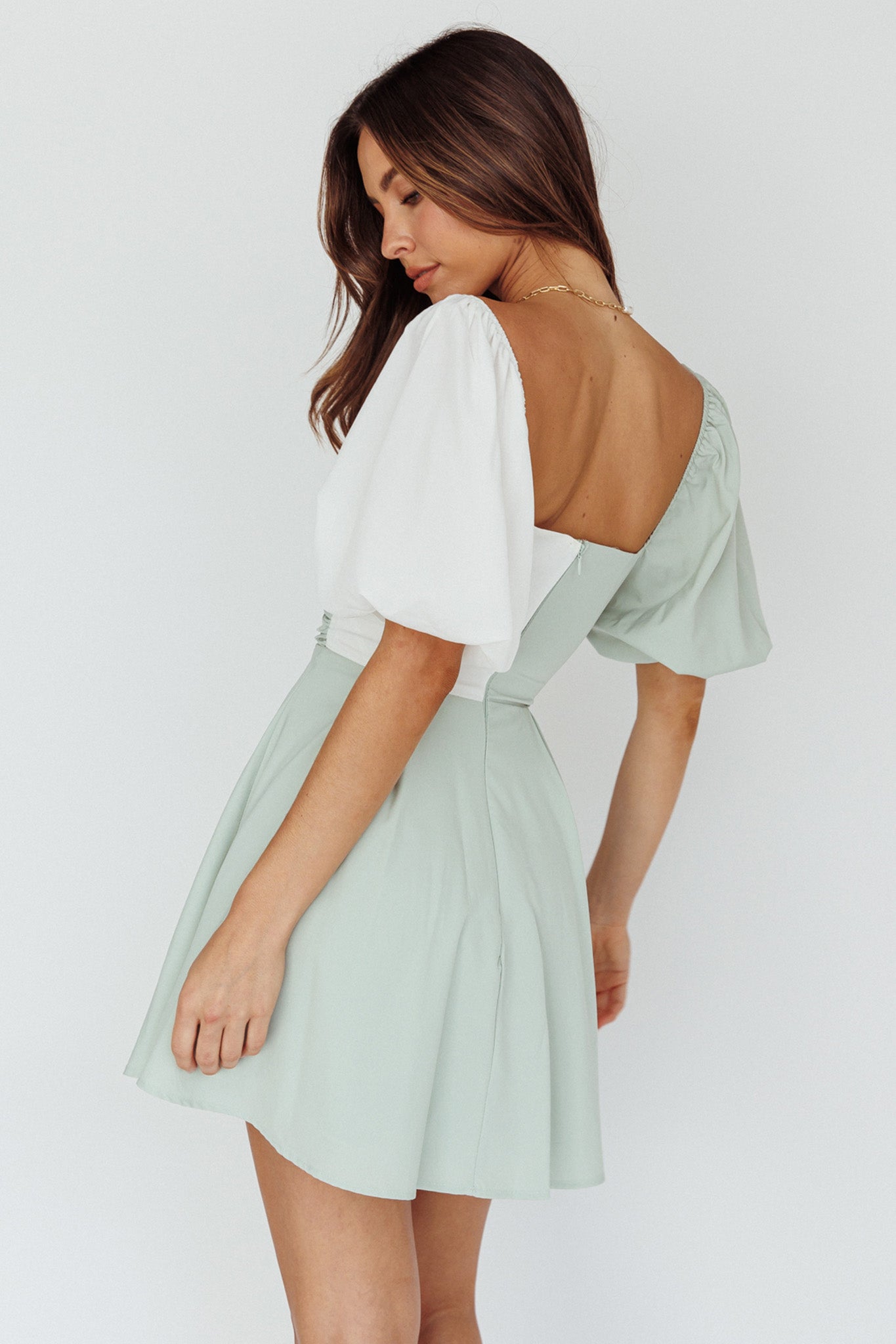Melie Puff Sleeve Mini Dress Pistachio/White-Maymioy