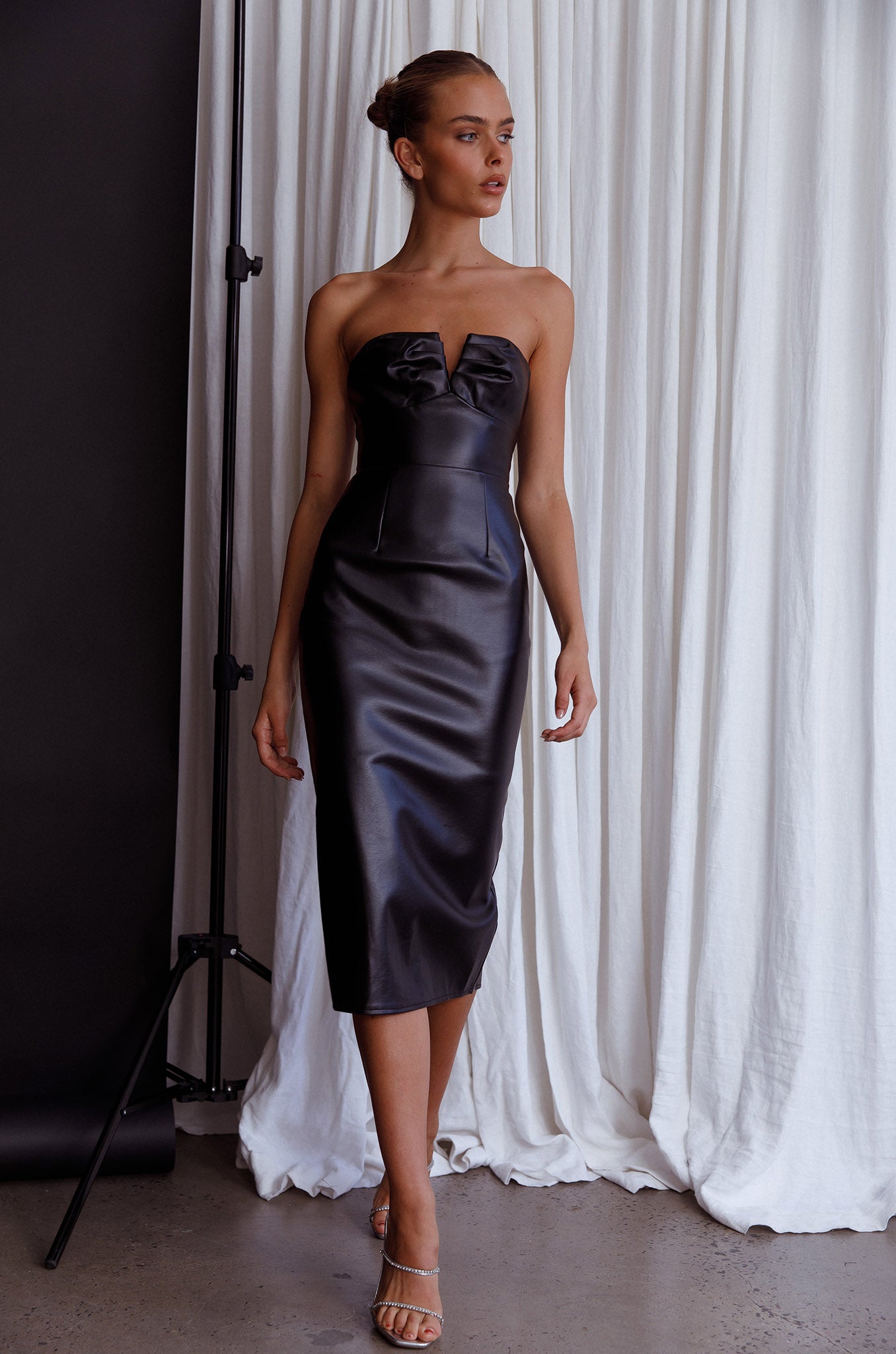 Intuition Strapless Faux Leather Dress Black-Maymioy