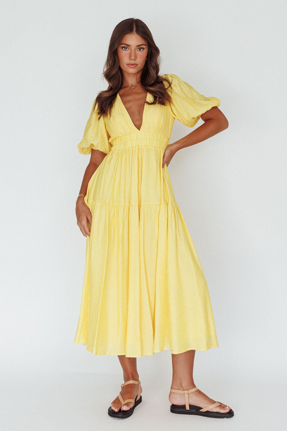 Summer Land V-Neckline Midi Dress Butter-Maymioy