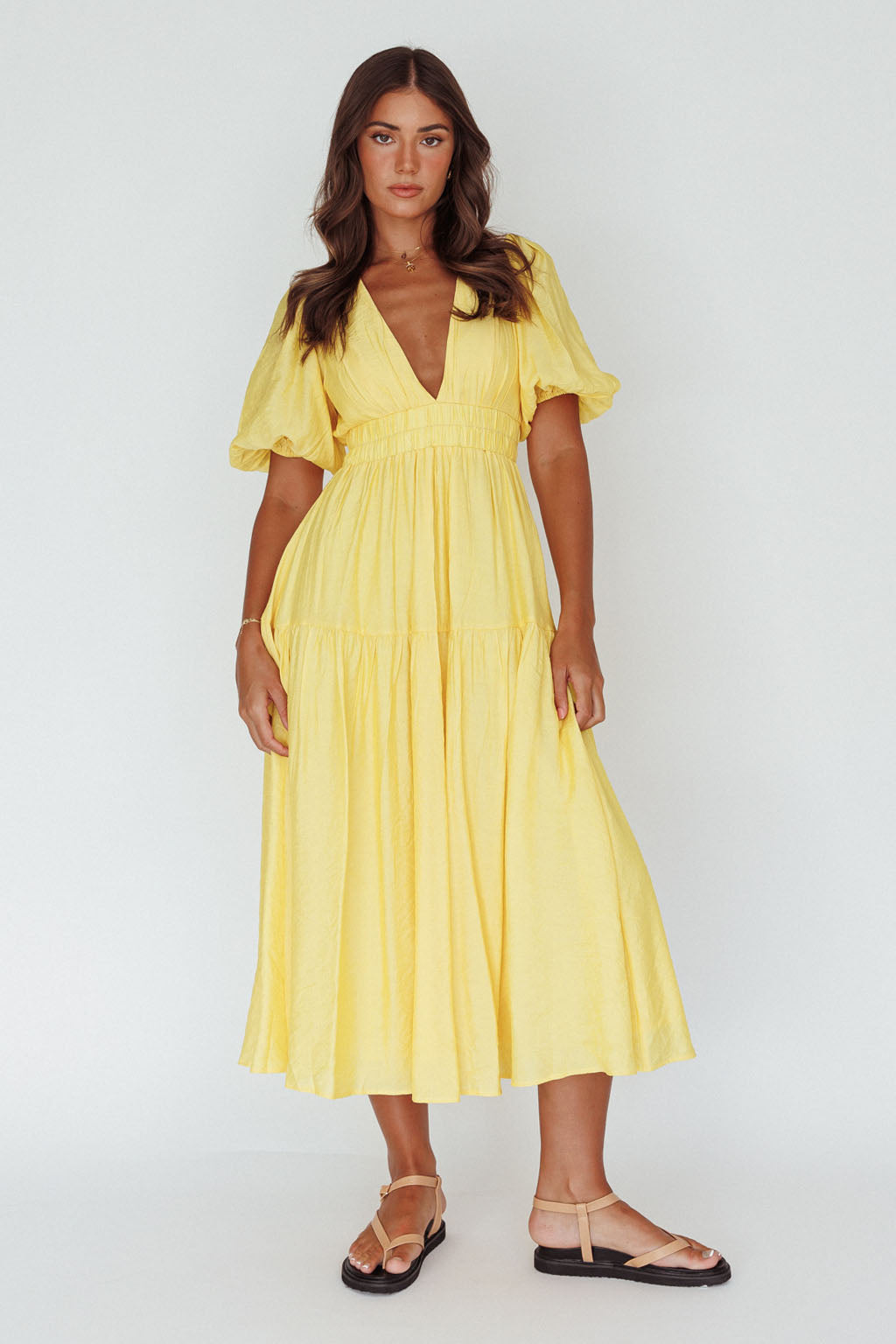Summer Land V-Neckline Midi Dress Butter-Maymioy