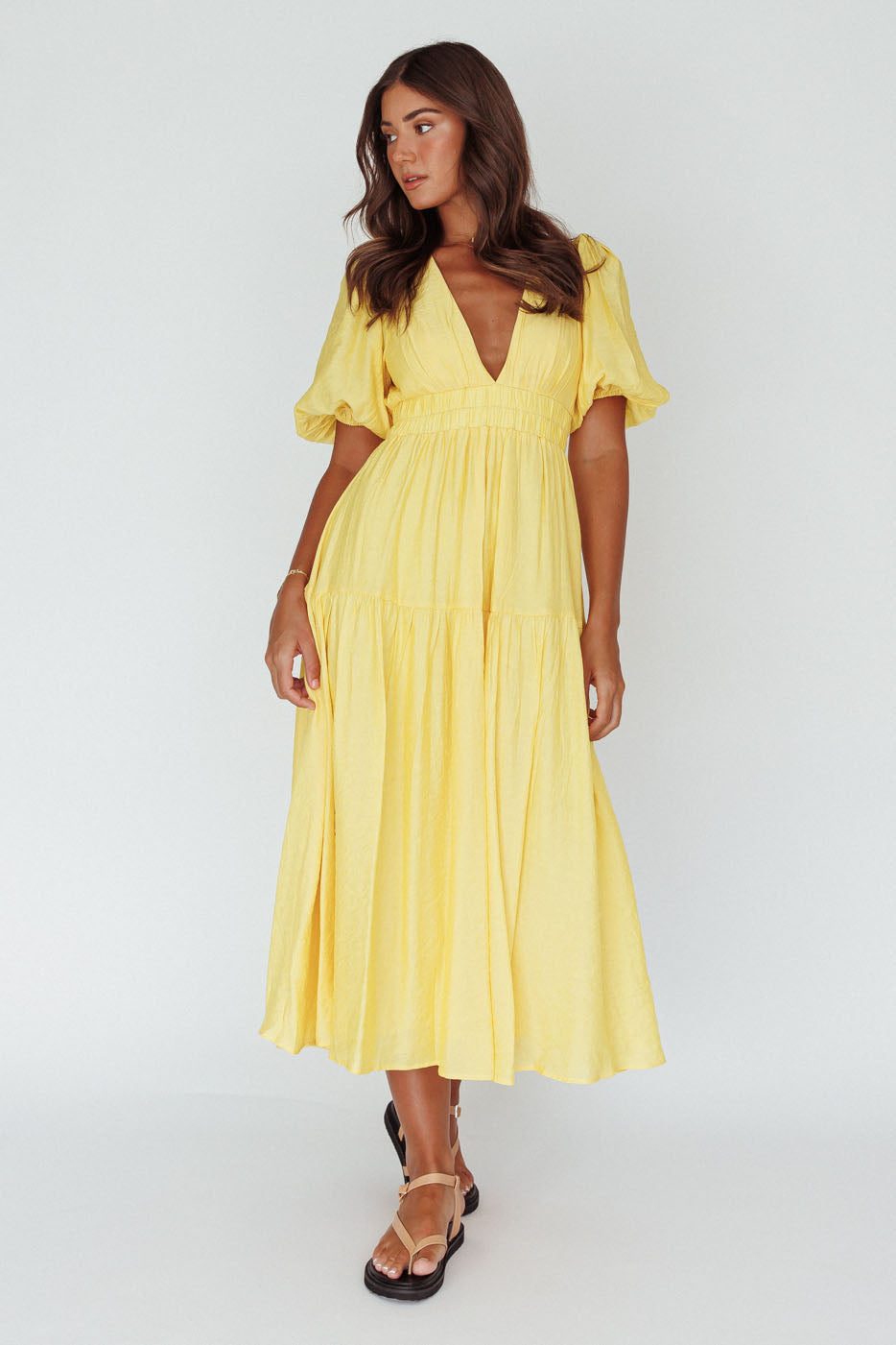 Summer Land V-Neckline Midi Dress Butter-Maymioy