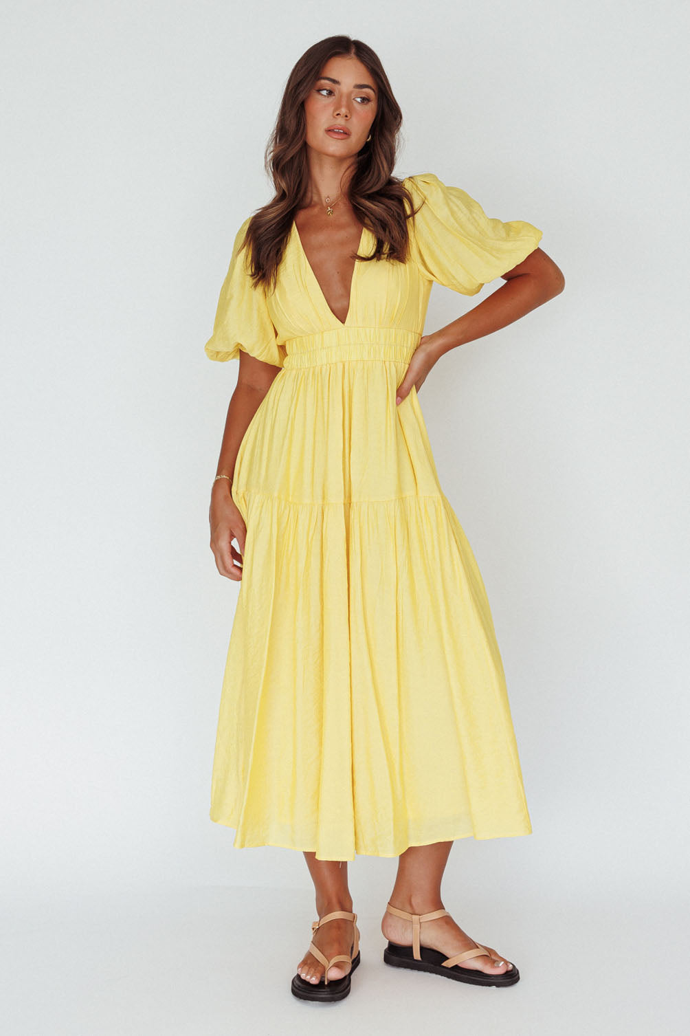 Summer Land V-Neckline Midi Dress Butter-Maymioy
