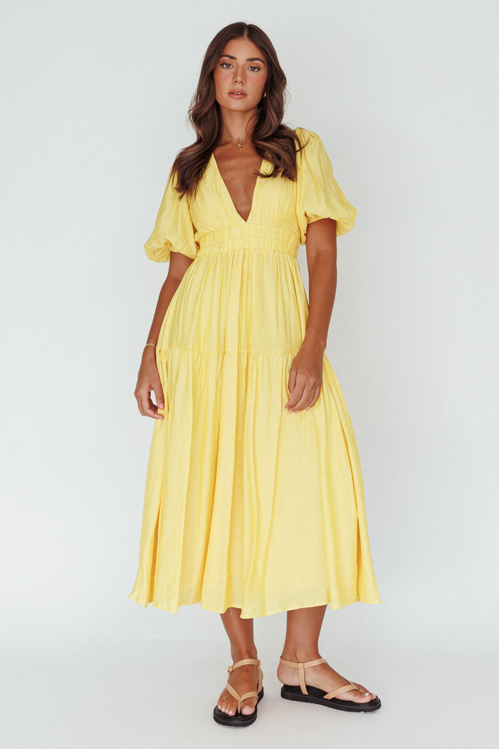 Summer Land V-Neckline Midi Dress Butter-Maymioy