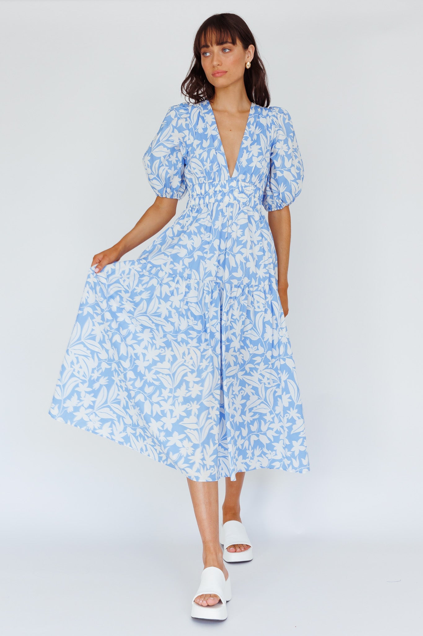 Summer Land V-Neckline Midi Dress Floral Blue-Maymioy