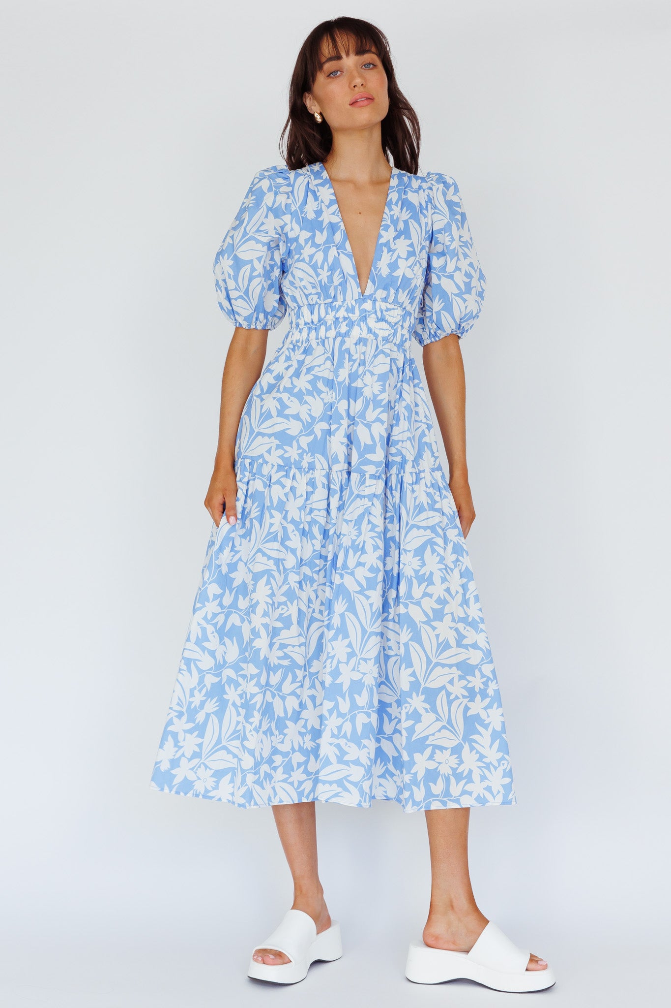Summer Land V-Neckline Midi Dress Floral Blue-Maymioy