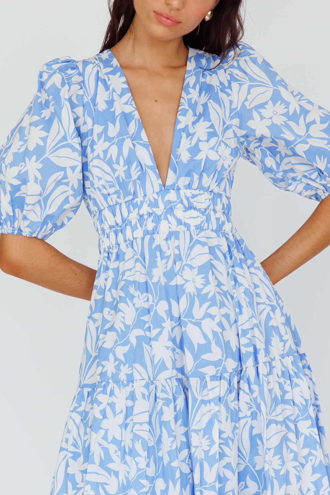 Summer Land V-Neckline Midi Dress Floral Blue-Maymioy