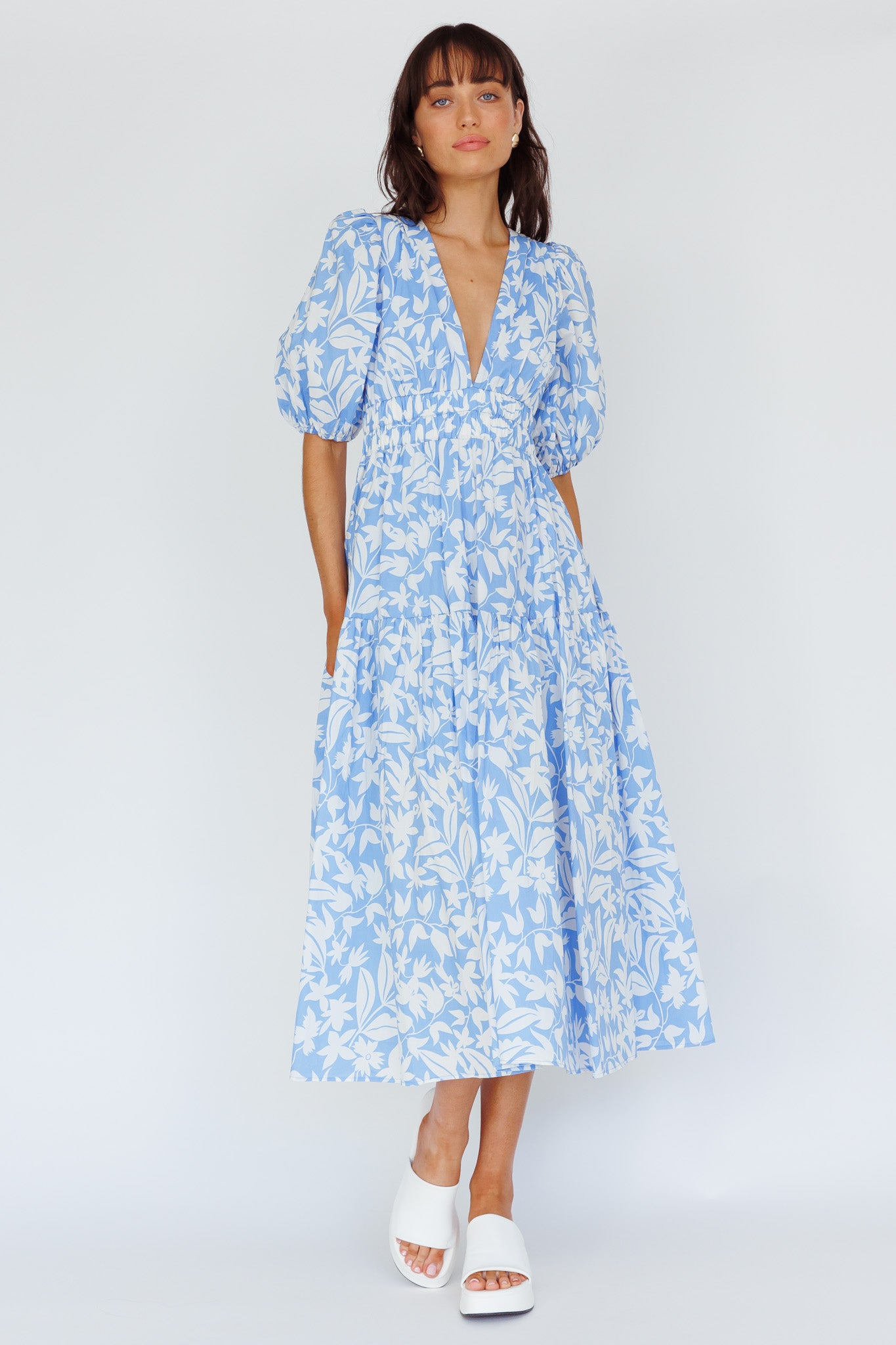 Summer Land V-Neckline Midi Dress Floral Blue-Maymioy