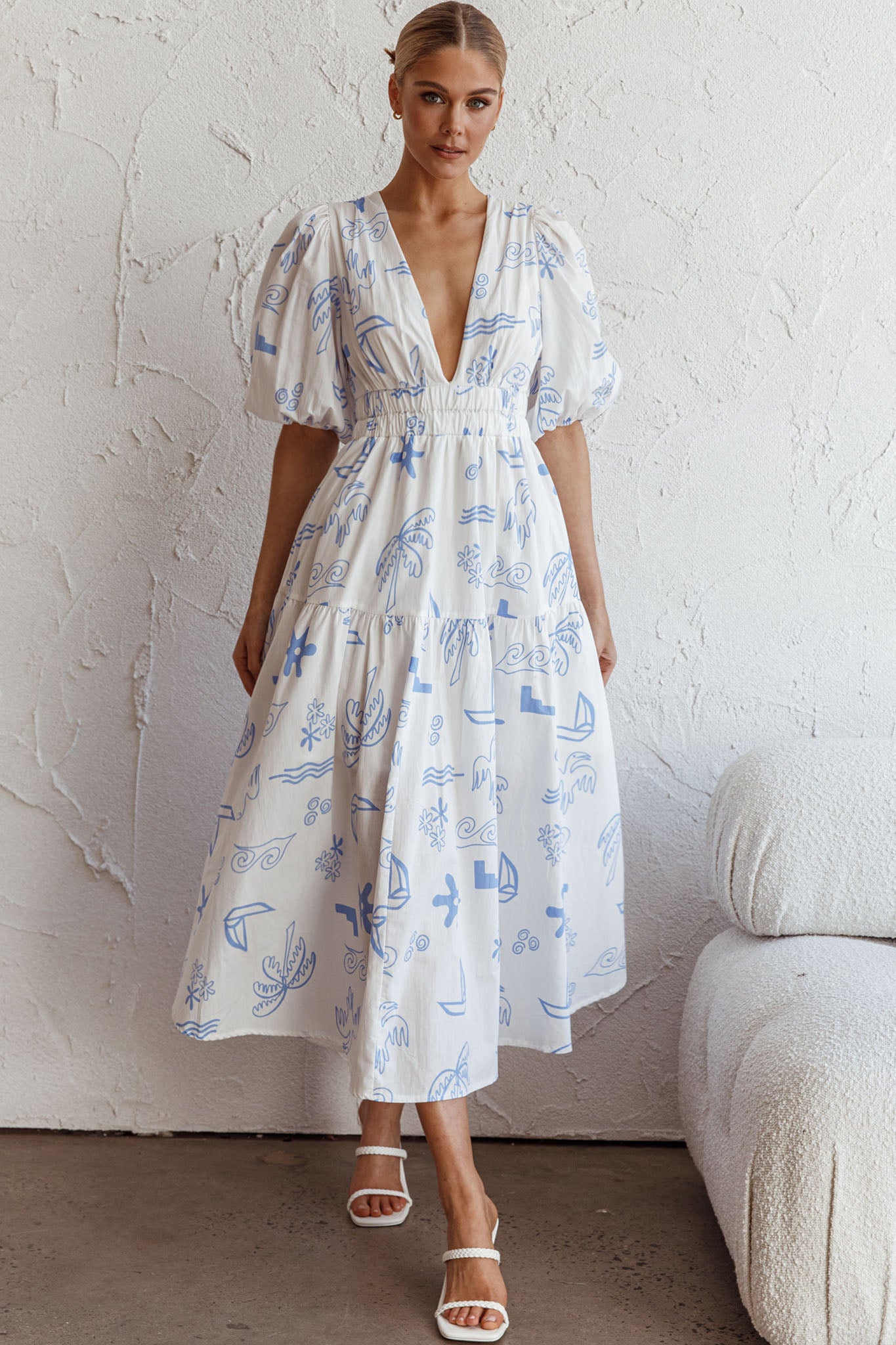 Summer Land V-Neckline Midi Dress Printed White-Maymioy