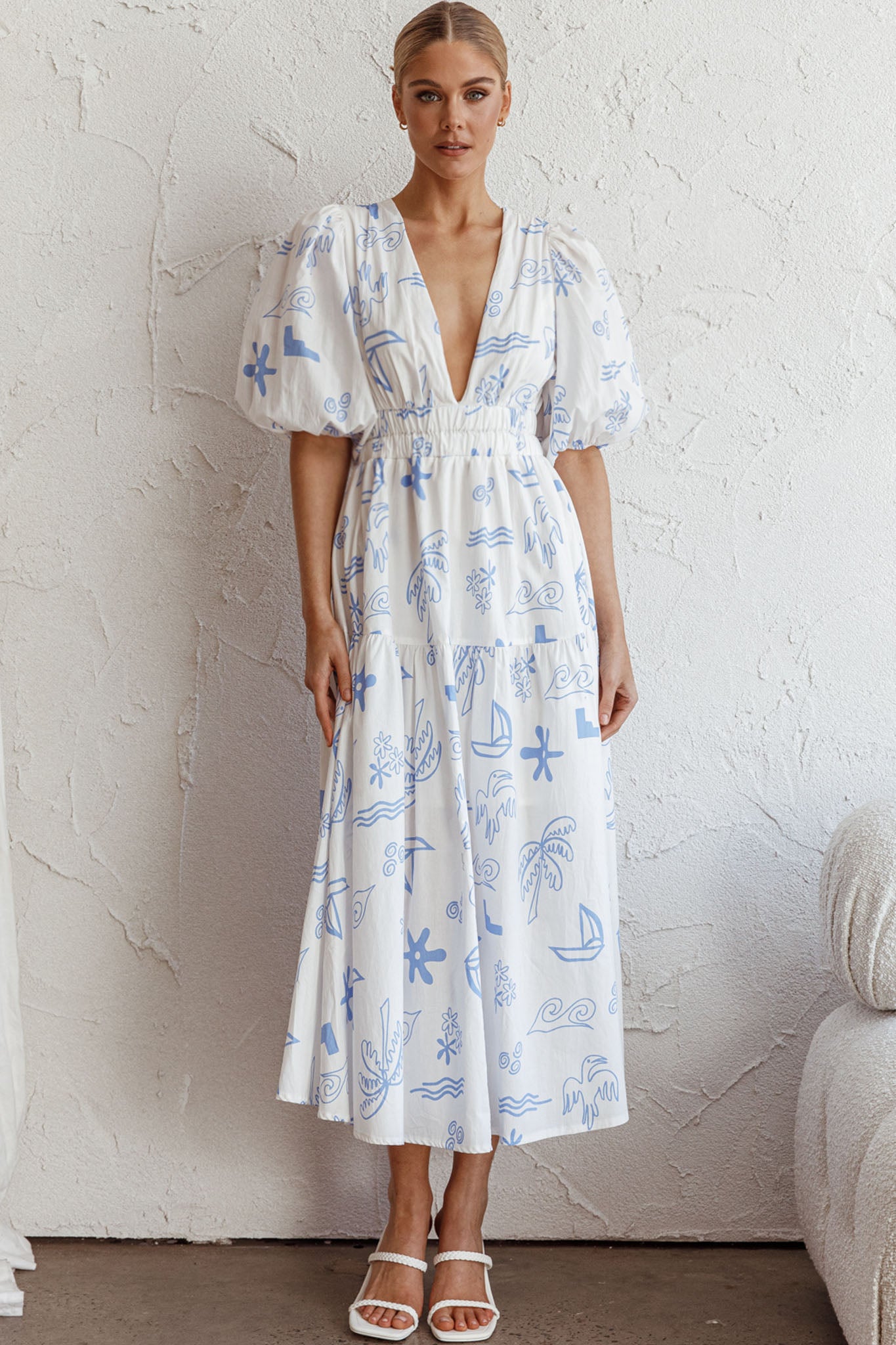 Summer Land V-Neckline Midi Dress Printed White-Maymioy