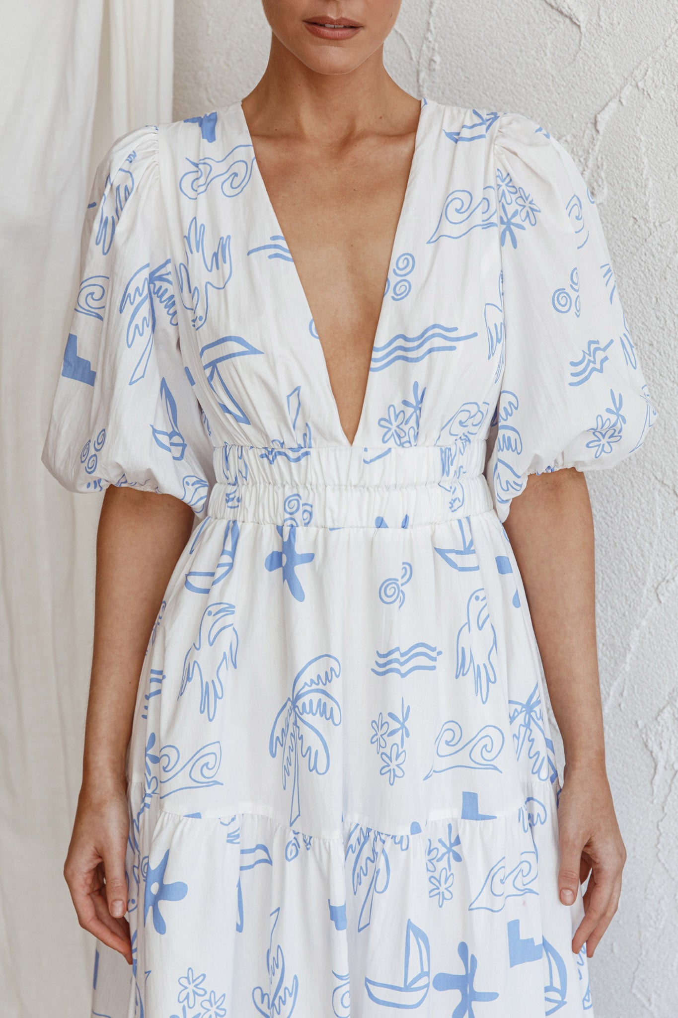 Summer Land V-Neckline Midi Dress Printed White-Maymioy