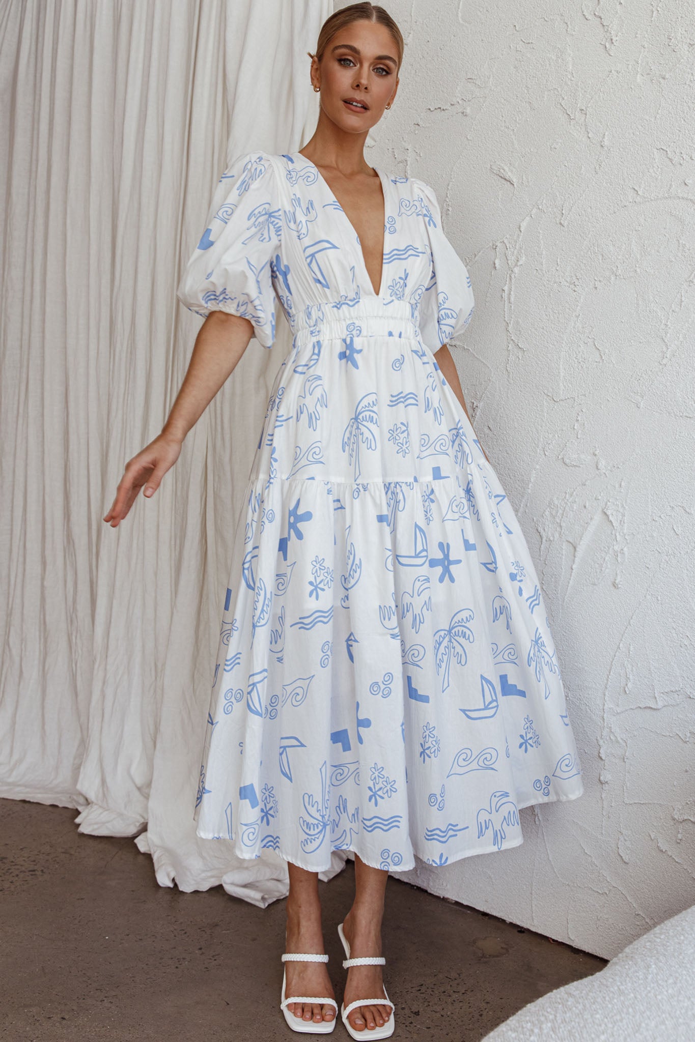 Summer Land V-Neckline Midi Dress Printed White-Maymioy