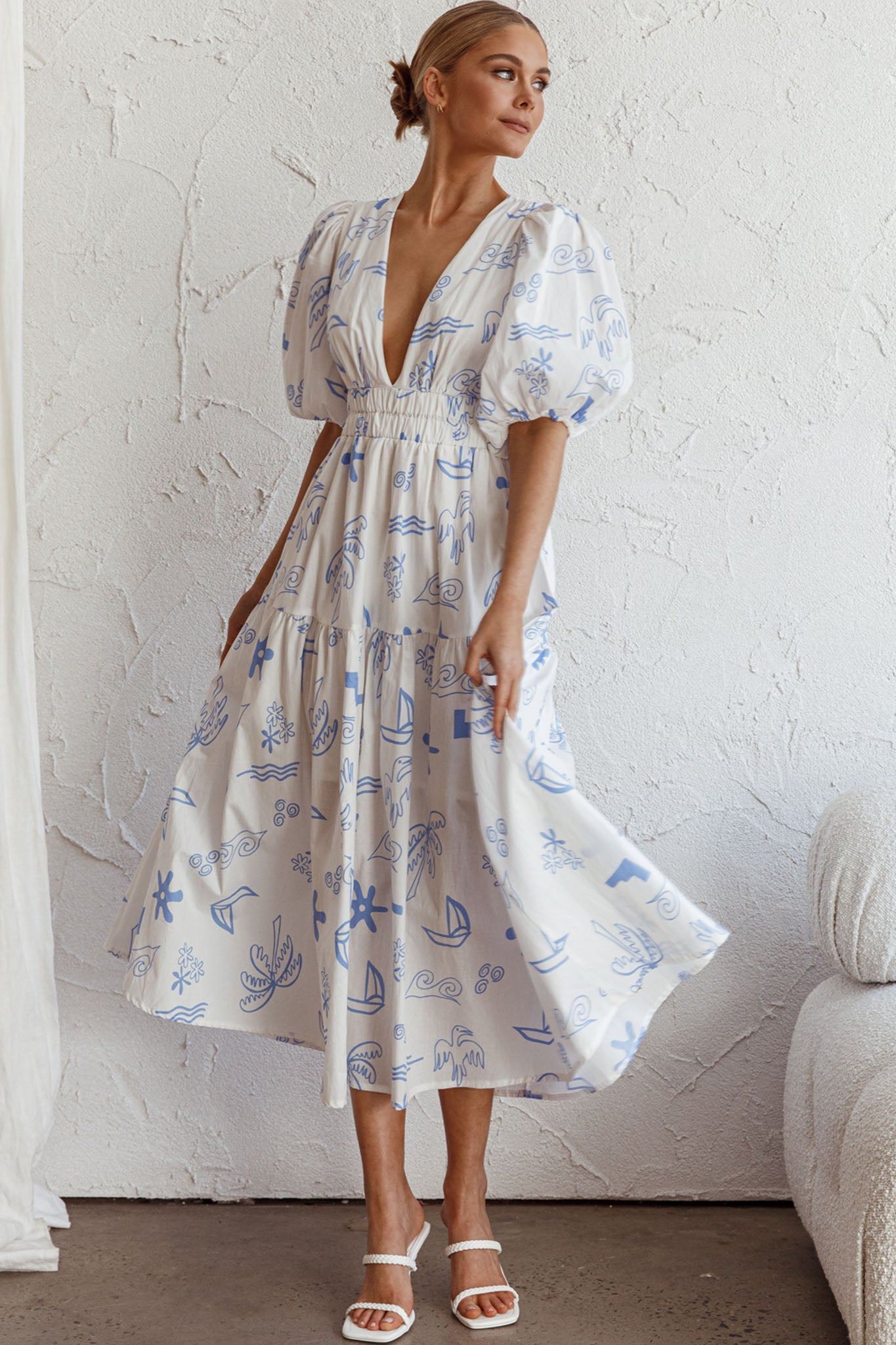 Summer Land V-Neckline Midi Dress Printed White-Maymioy