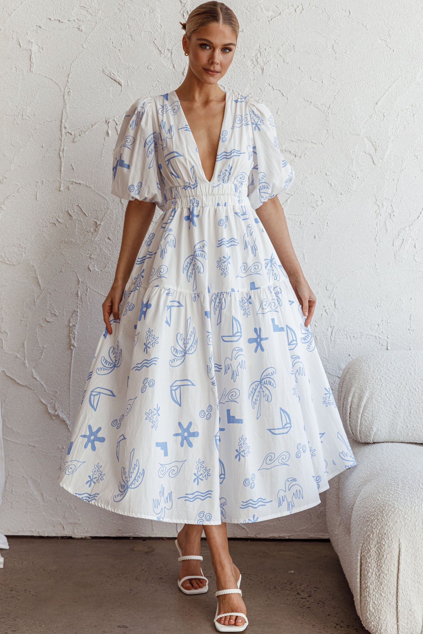 Summer Land V-Neckline Midi Dress Printed White-Maymioy