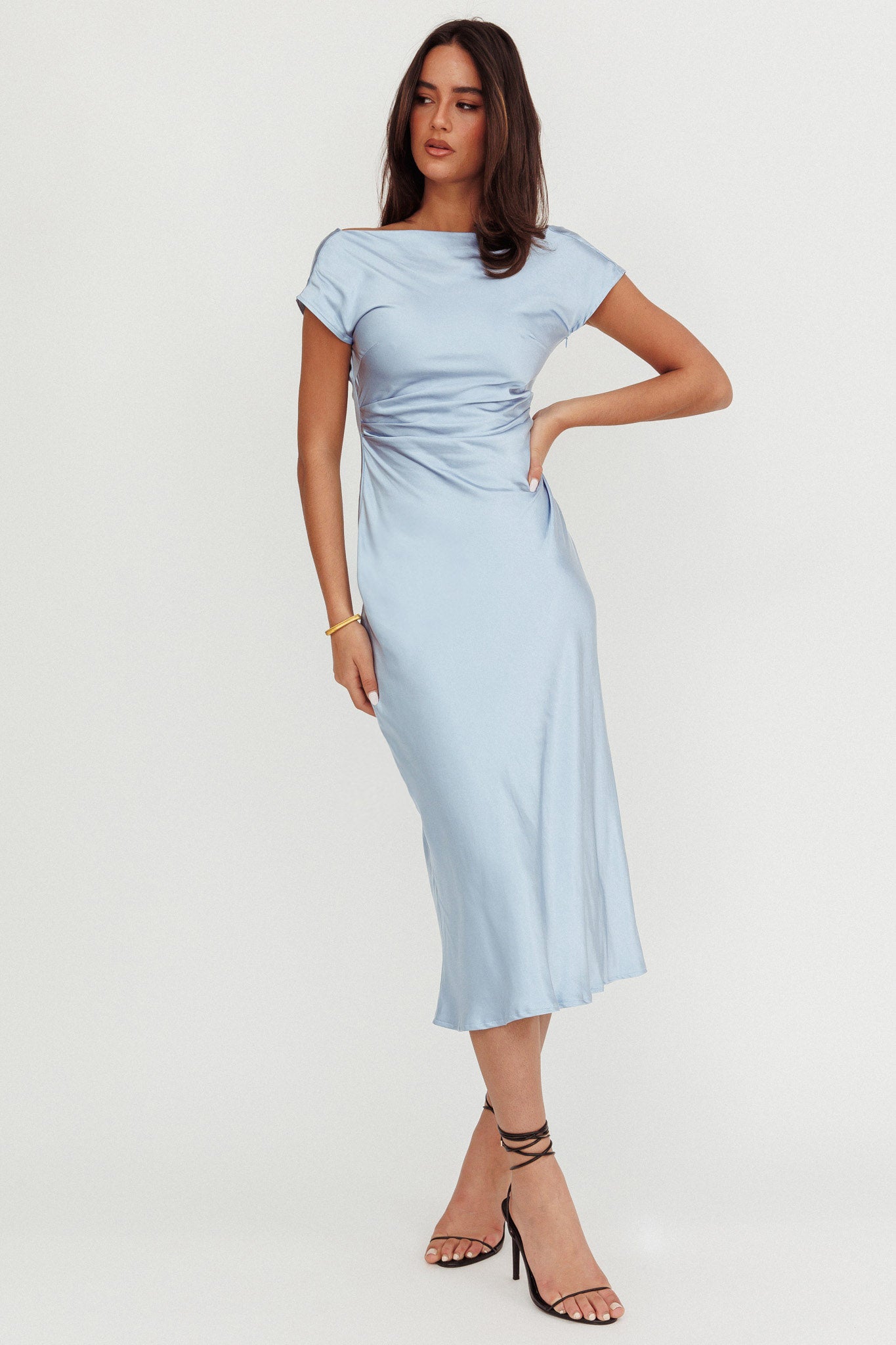 Loveland Cap Sleeve Cowl Back Midi Dress Baby Blue-Maymioy