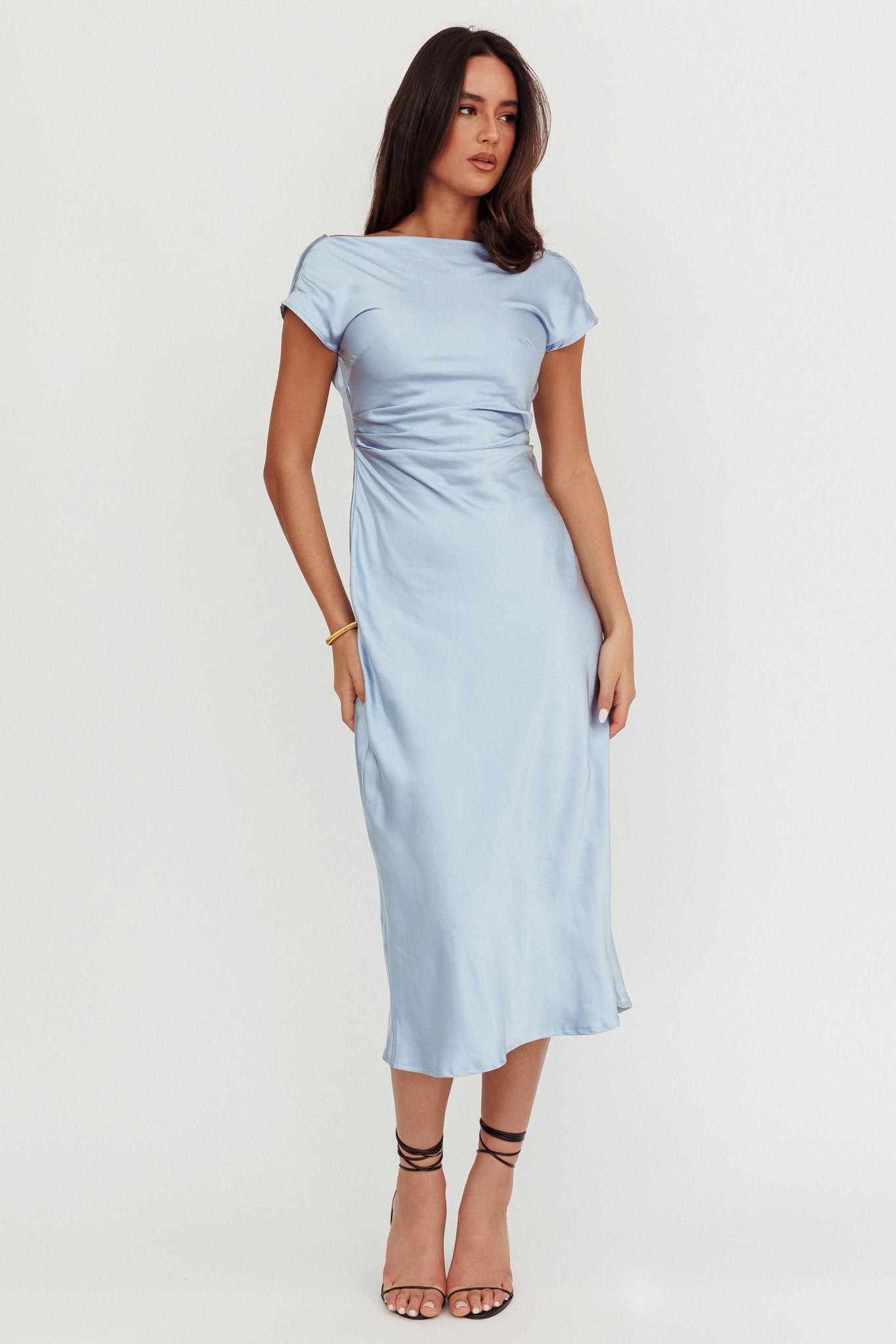 Loveland Cap Sleeve Cowl Back Midi Dress Baby Blue-Maymioy