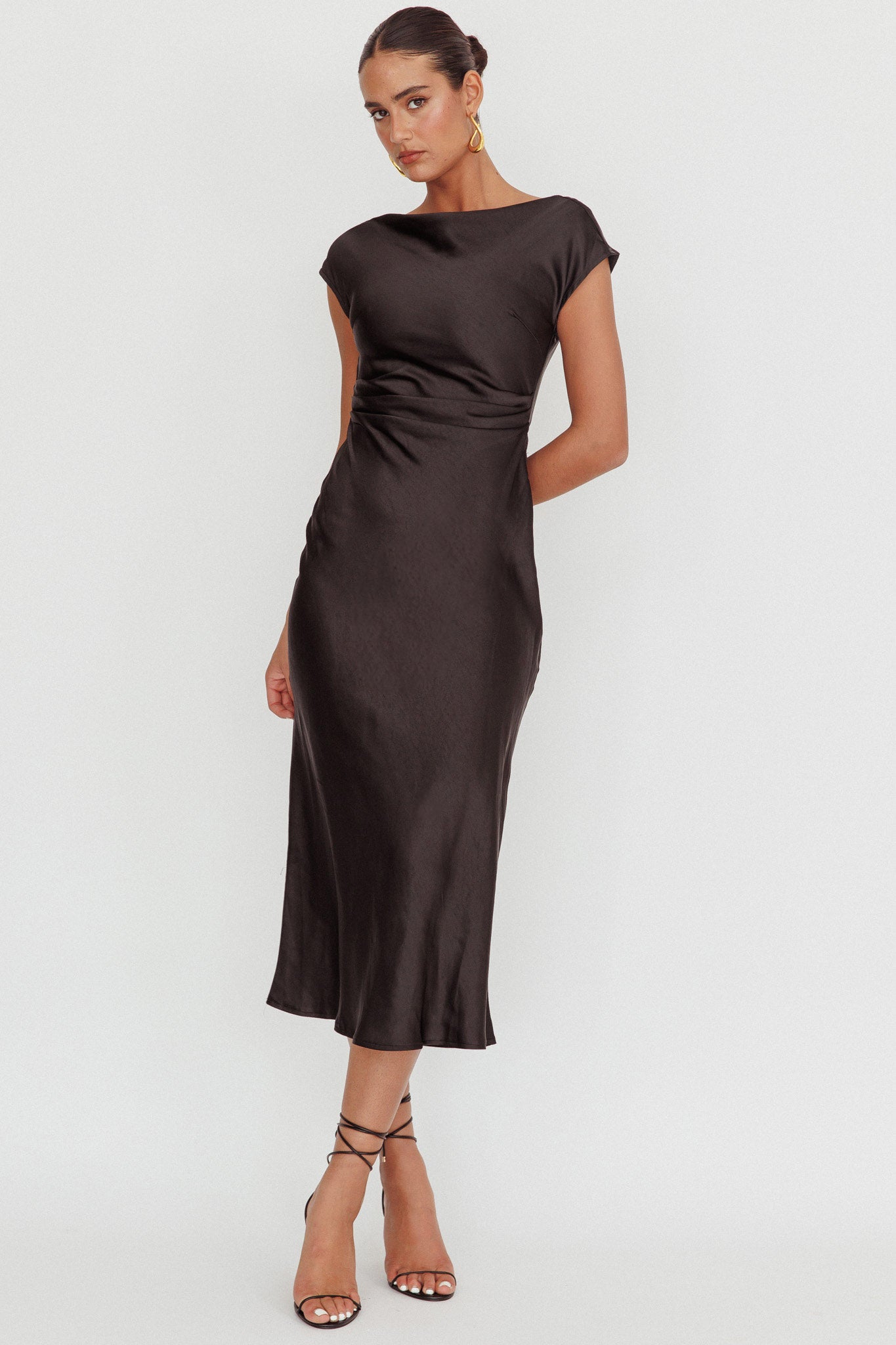 Loveland Cap Sleeve Cowl Back Midi Dress Black-Maymioy