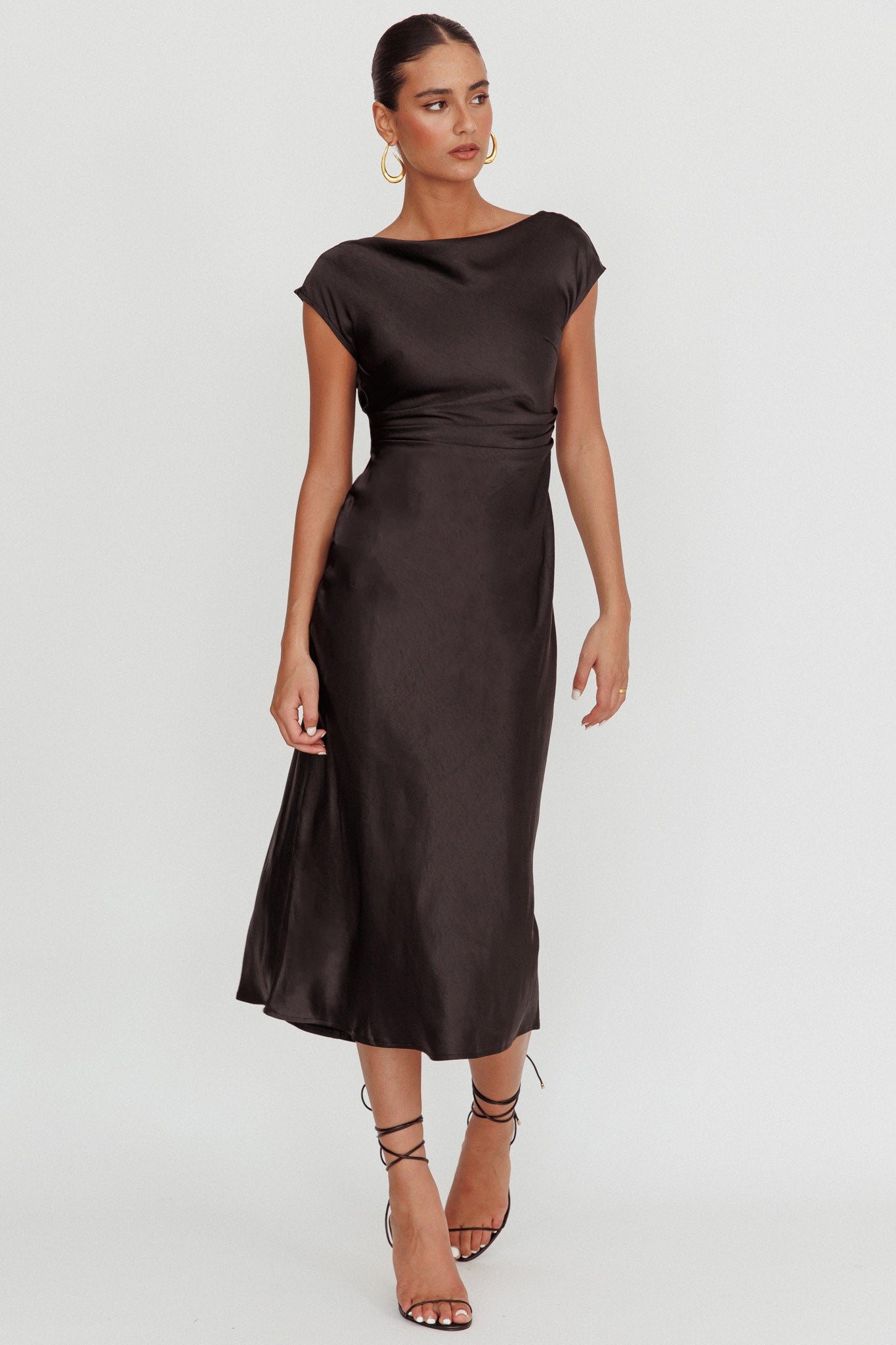 Loveland Cap Sleeve Cowl Back Midi Dress Black-Maymioy