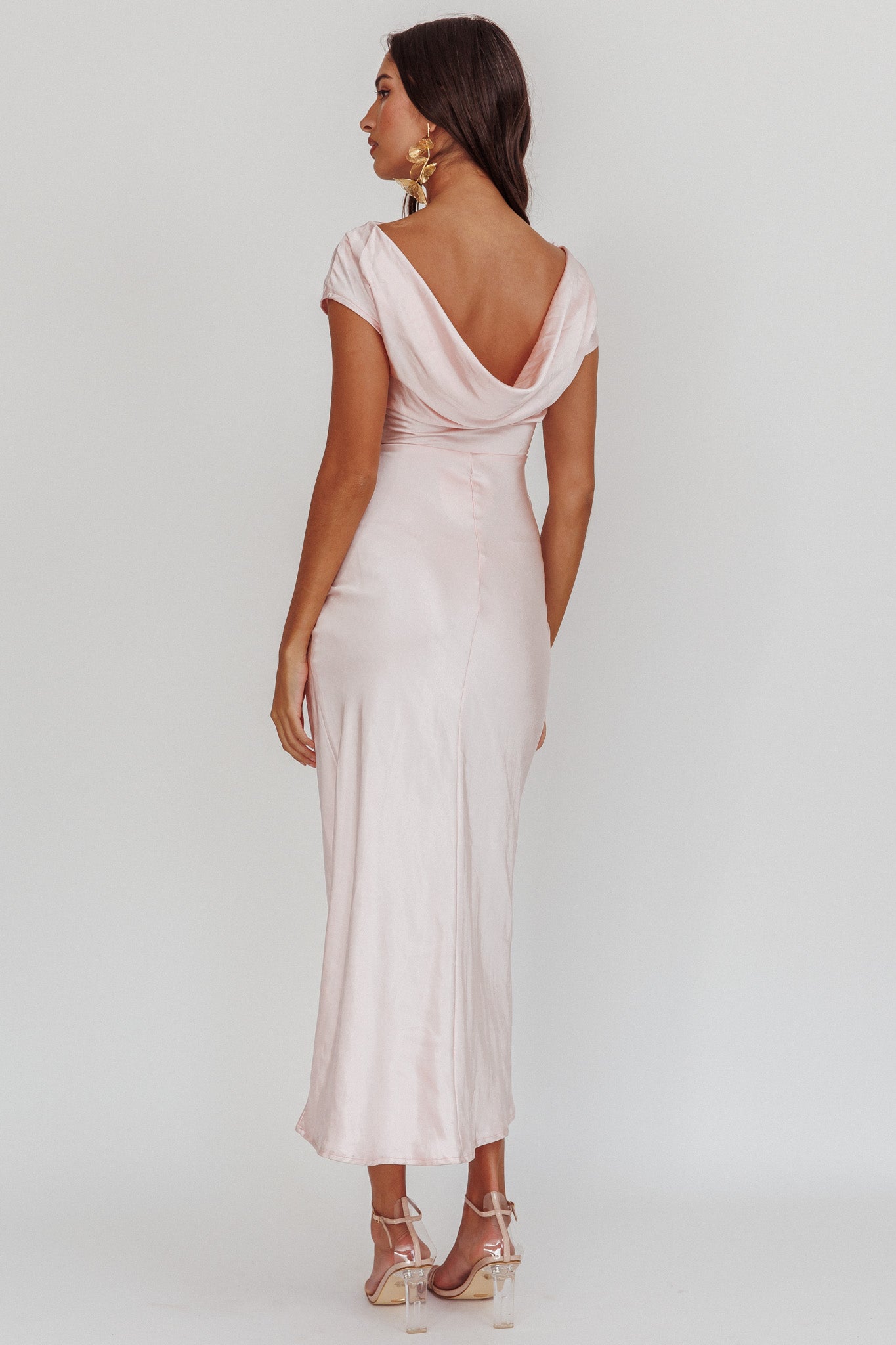 Loveland Cap Sleeve Cowl Back Midi Dress Blush-Maymioy