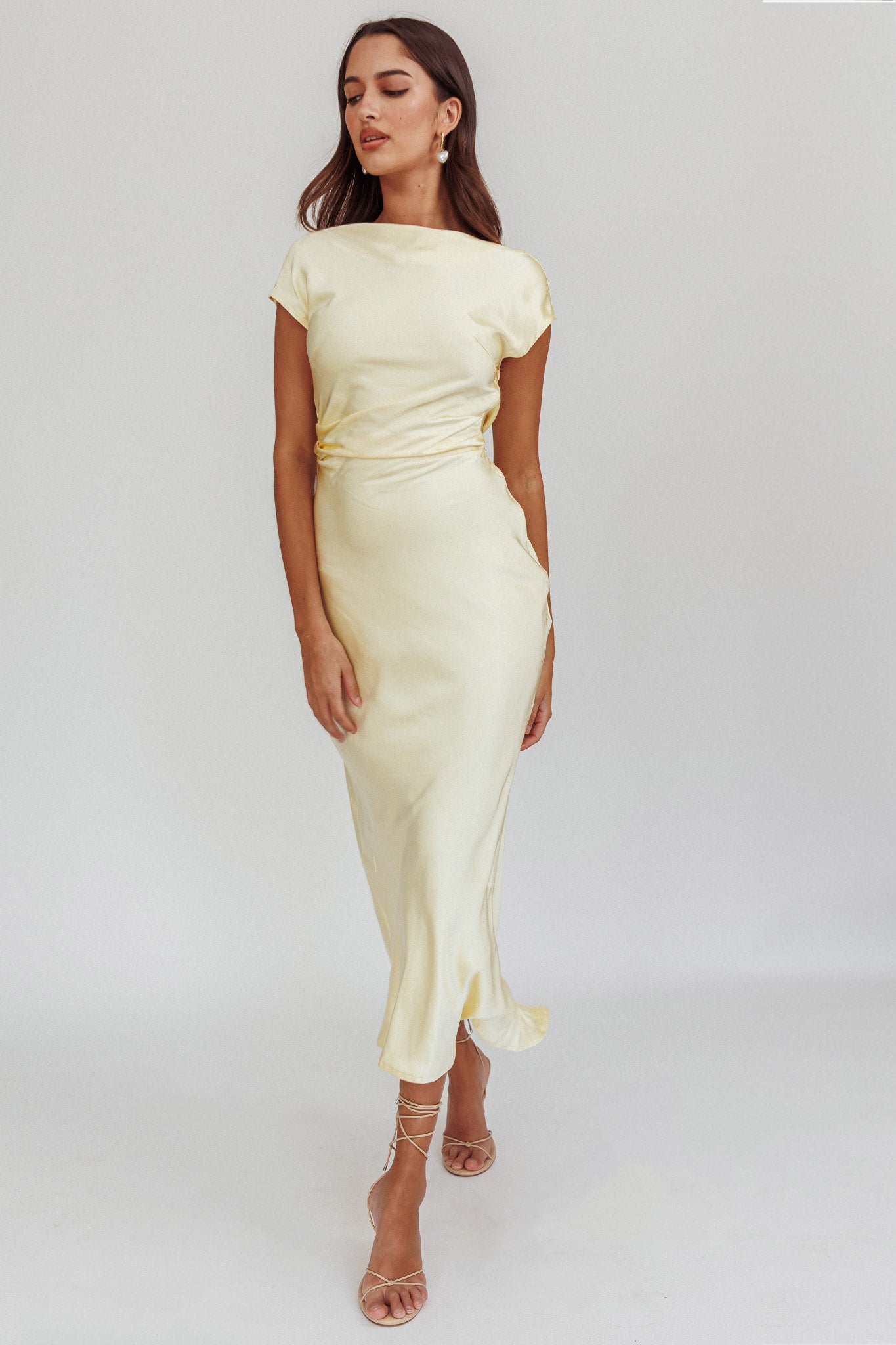 Loveland Cap Sleeve Cowl Back Midi Dress Butter-Maymioy