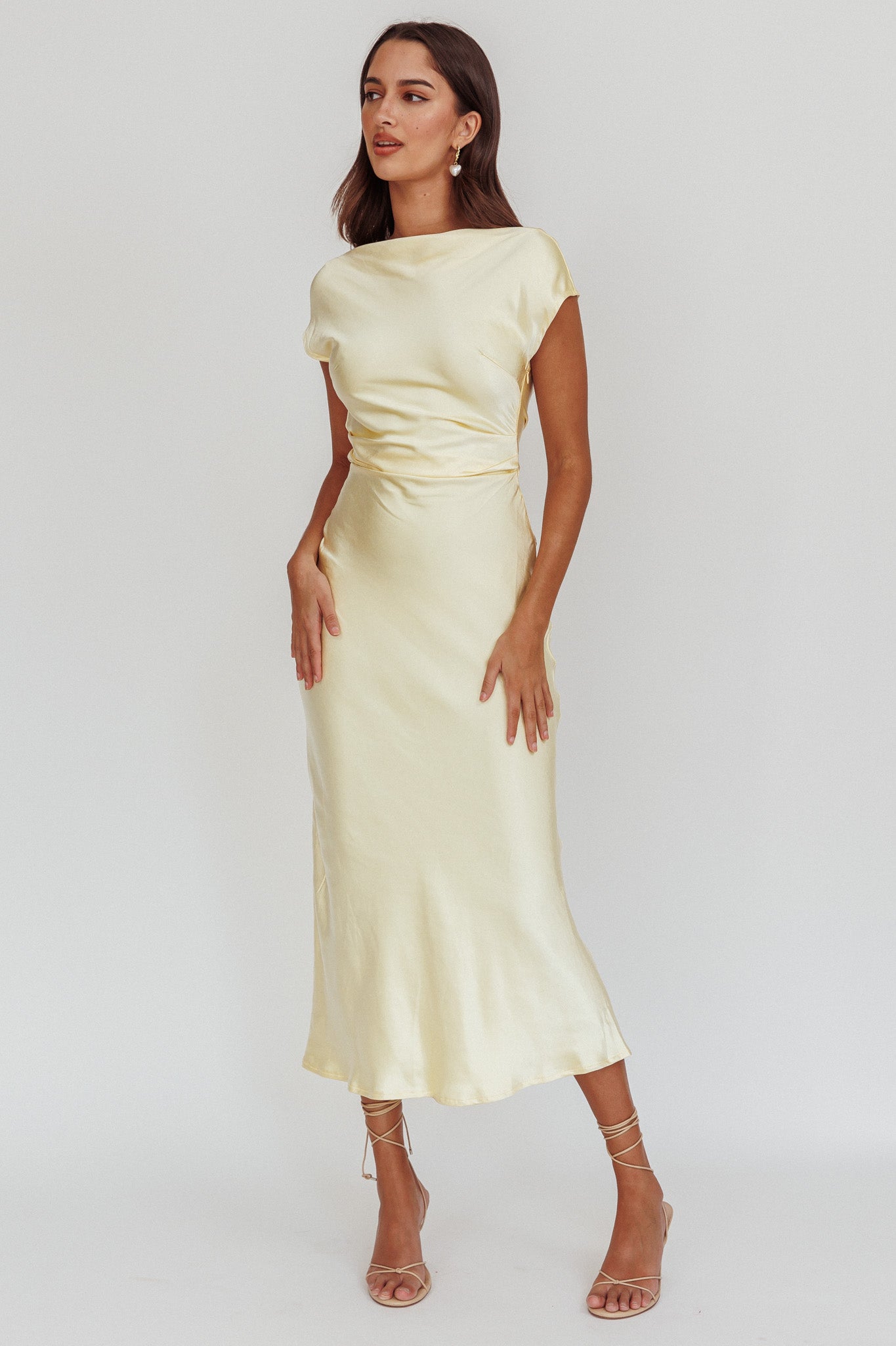 Loveland Cap Sleeve Cowl Back Midi Dress Butter-Maymioy