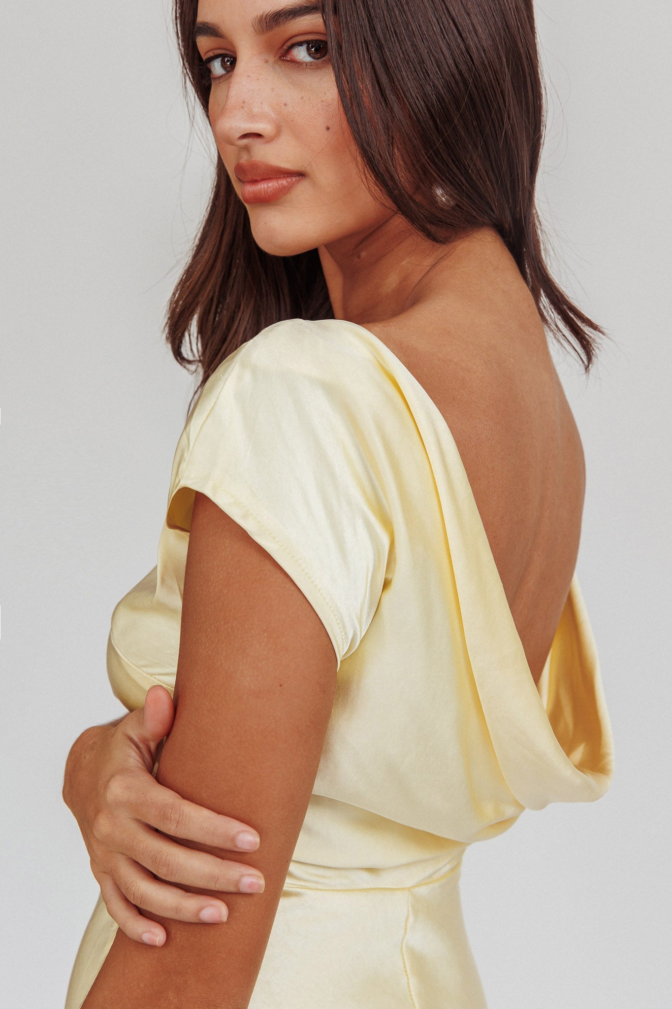 Loveland Cap Sleeve Cowl Back Midi Dress Butter-Maymioy