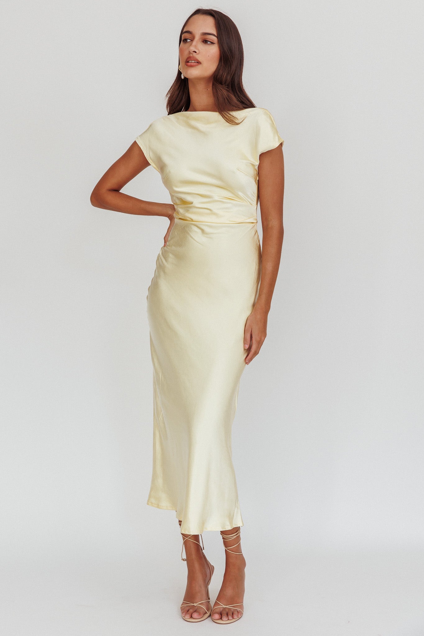 Loveland Cap Sleeve Cowl Back Midi Dress Butter-Maymioy