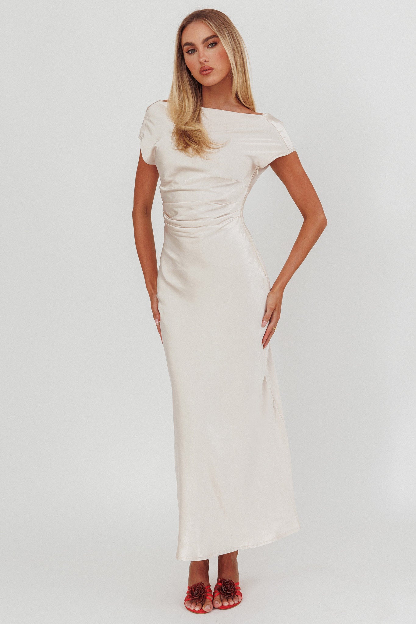 Loveland Cap Sleeve Cowl Back Midi Dress Champagne-Maymioy
