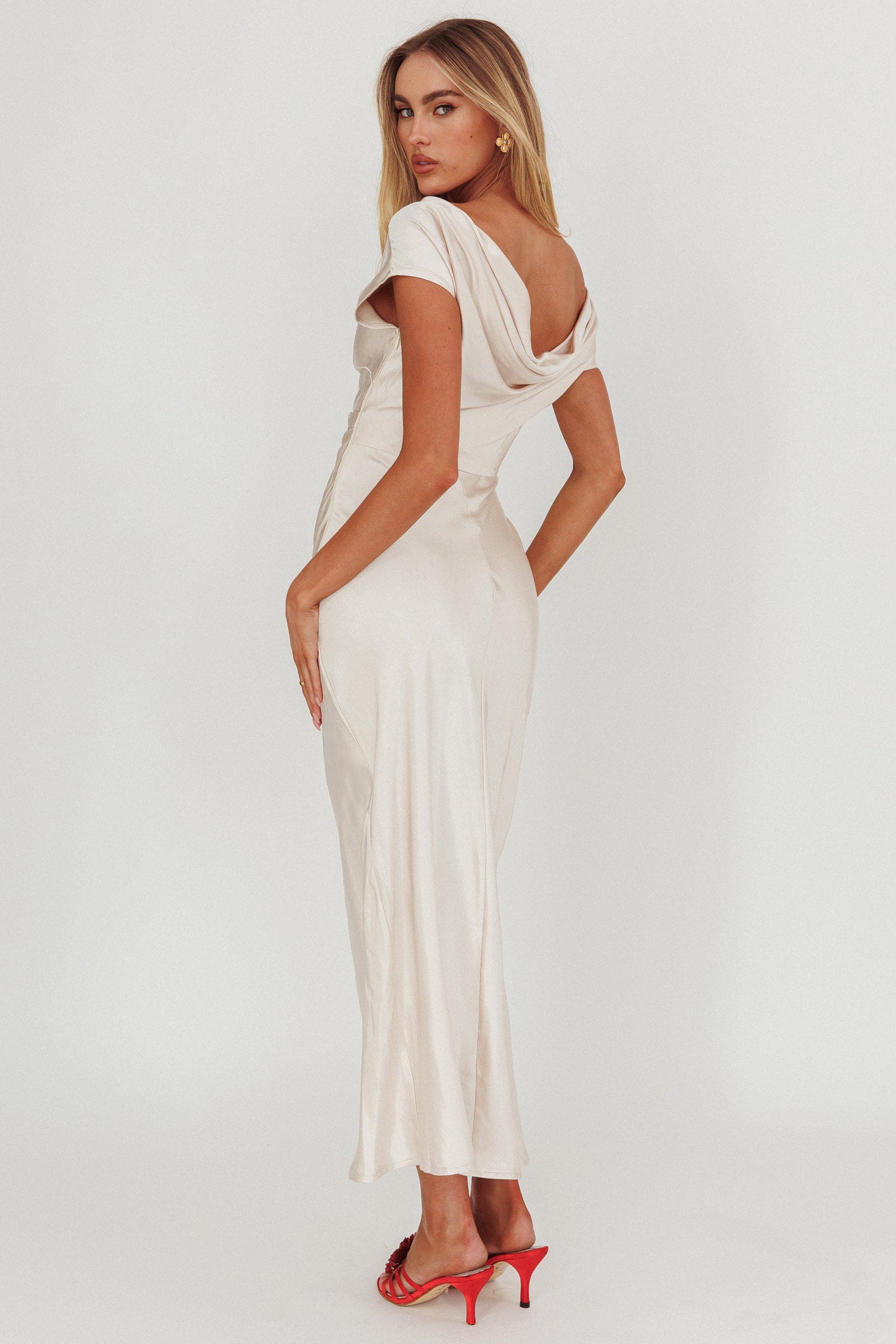 Loveland Cap Sleeve Cowl Back Midi Dress Champagne-Maymioy