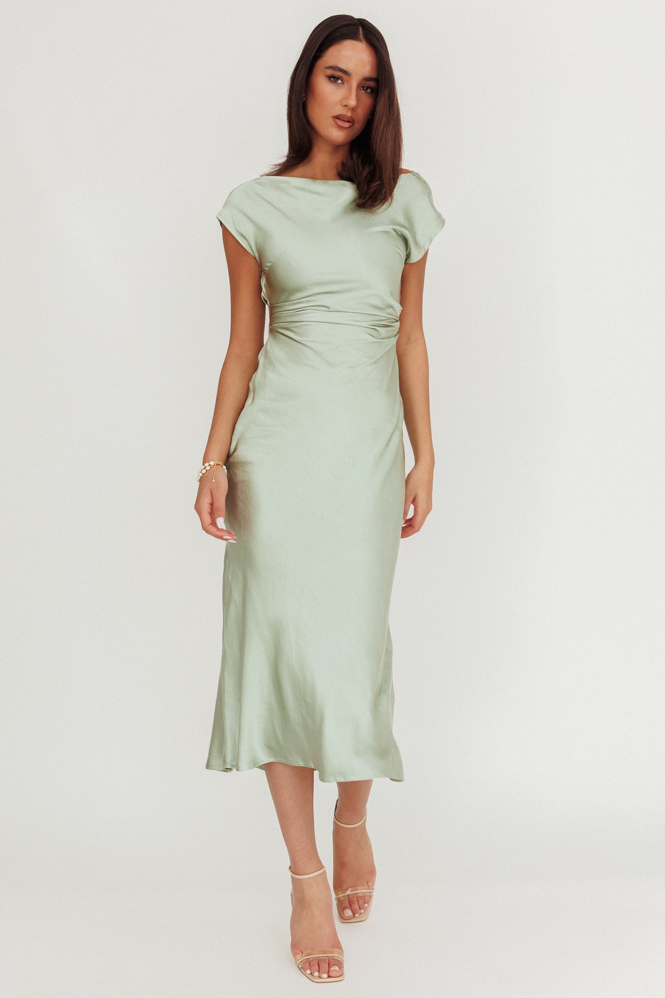 Loveland Cap Sleeve Cowl Back Midi Dress Sage-Maymioy