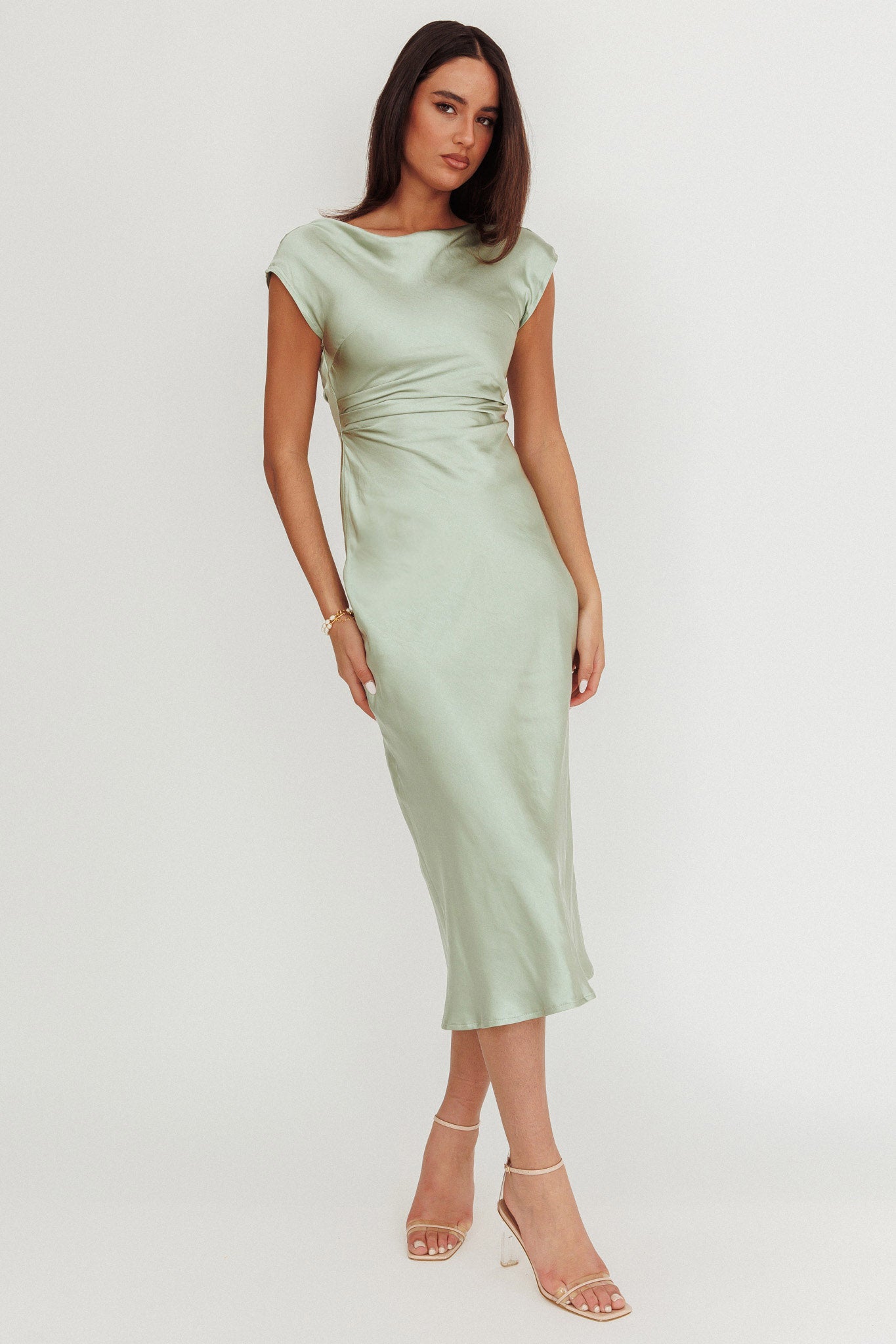 Loveland Cap Sleeve Cowl Back Midi Dress Sage-Maymioy