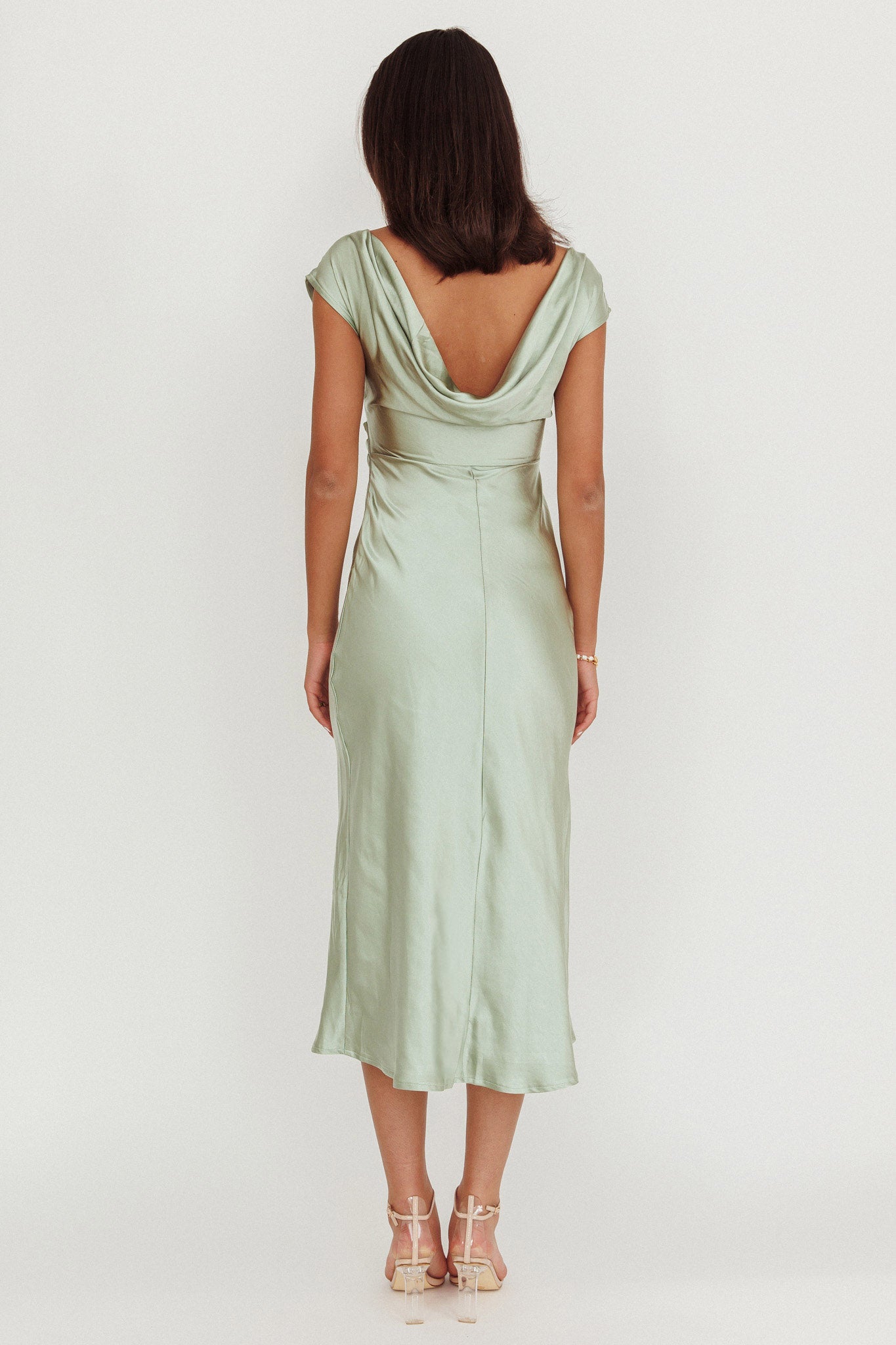 Loveland Cap Sleeve Cowl Back Midi Dress Sage-Maymioy