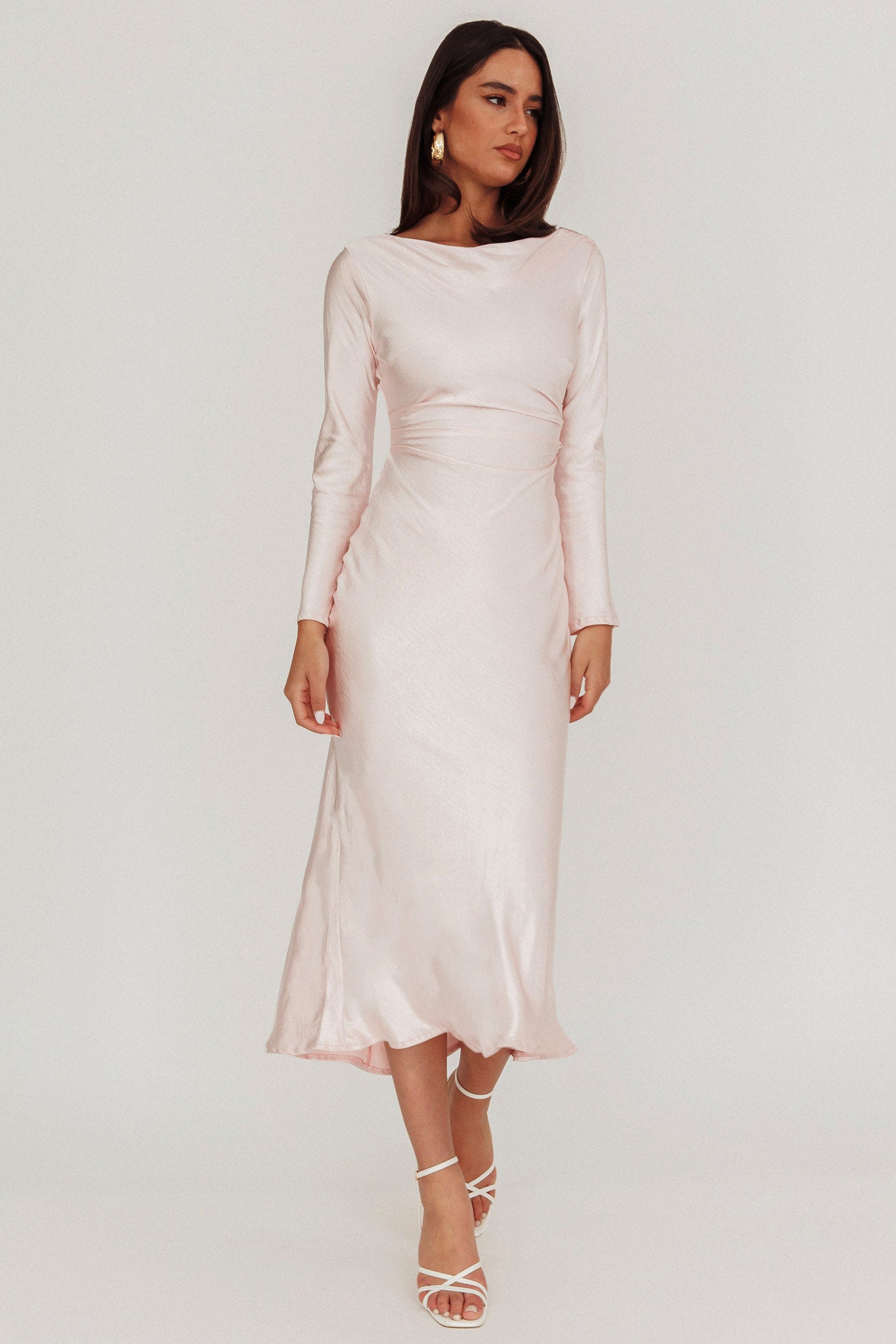 Loveland Cowl Back Midi Dress Baby Pink-Maymioy