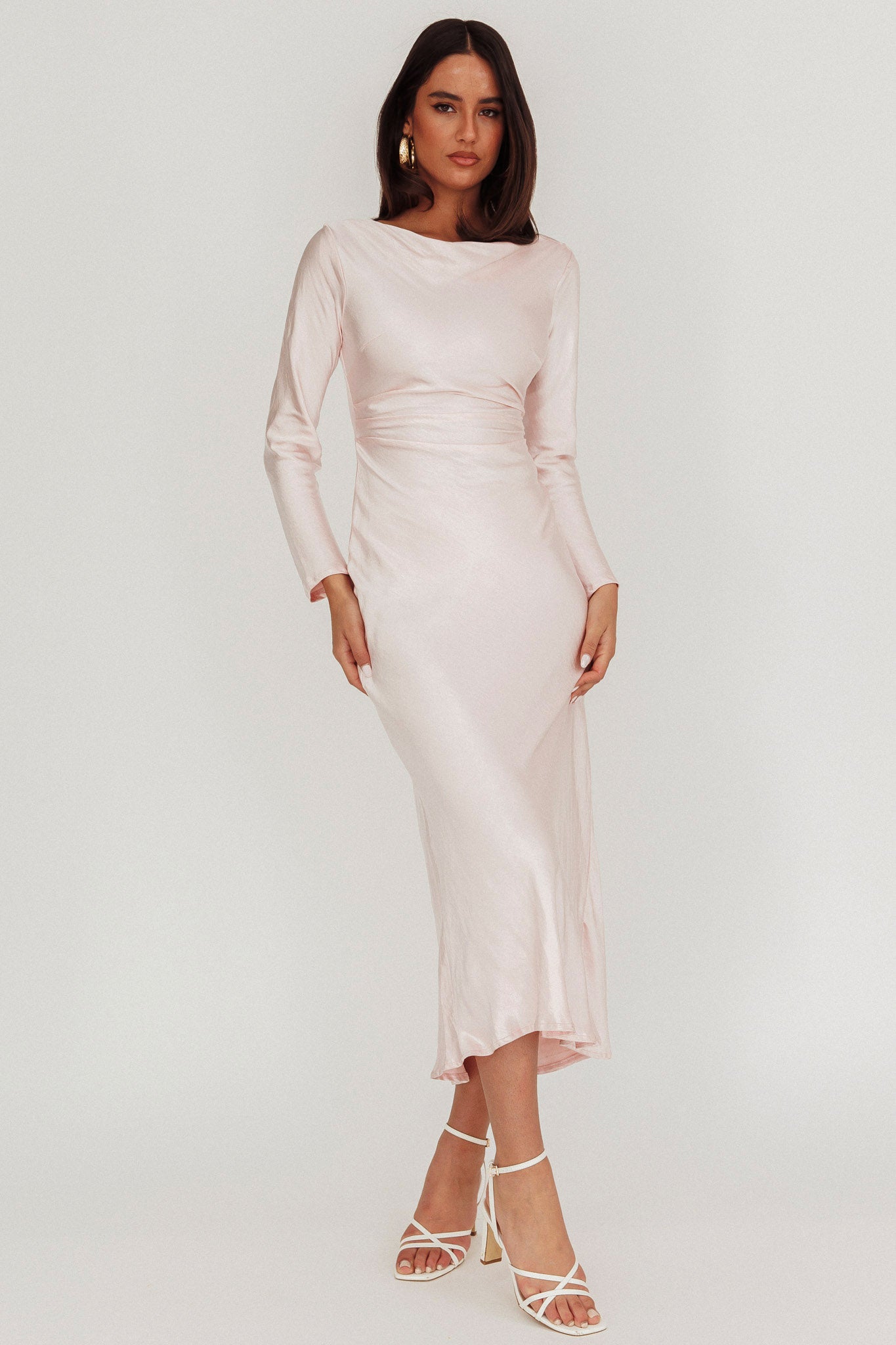Loveland Cowl Back Midi Dress Baby Pink-Maymioy