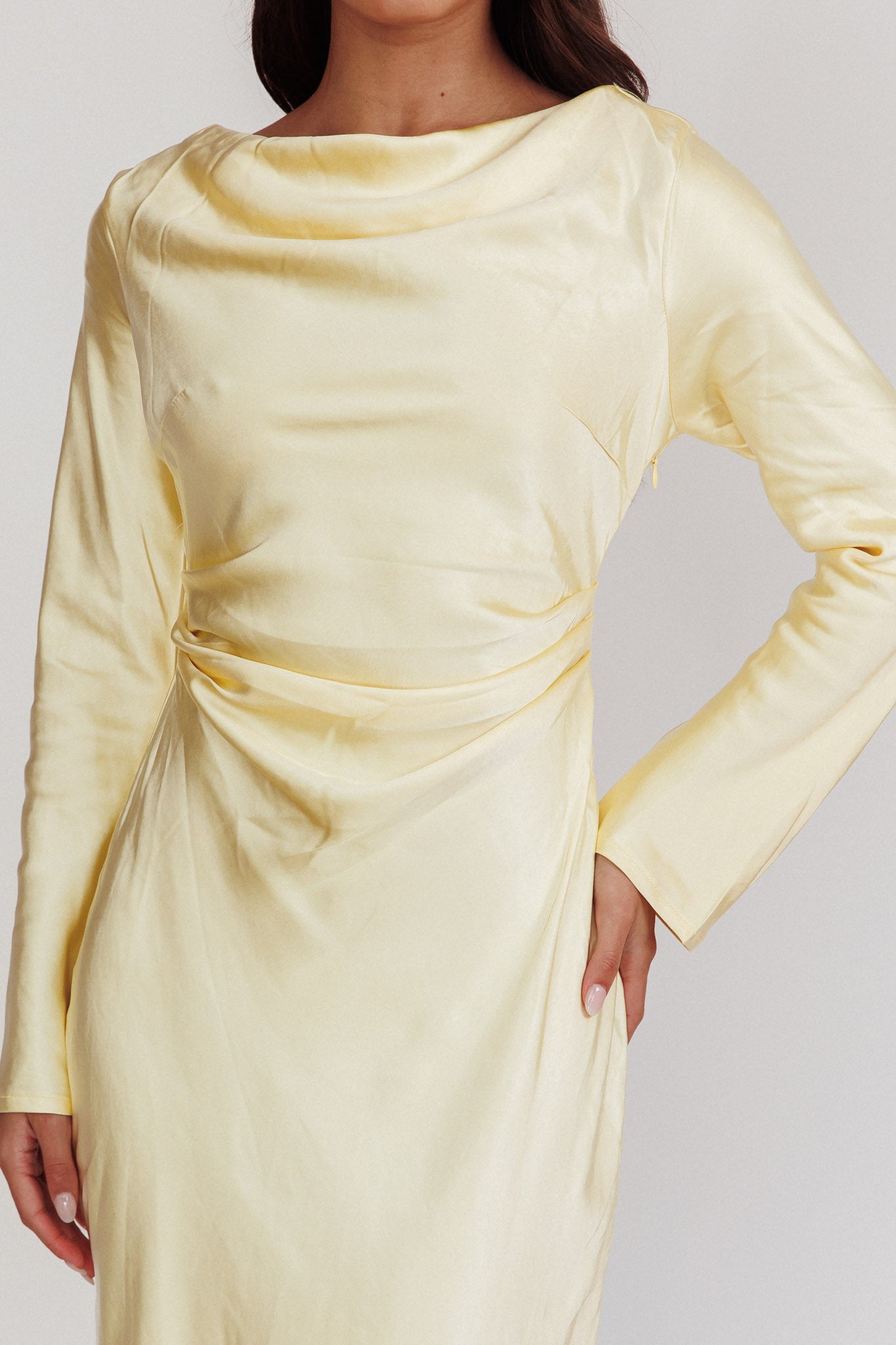 Loveland Cowl Back Midi Dress Butter-Maymioy