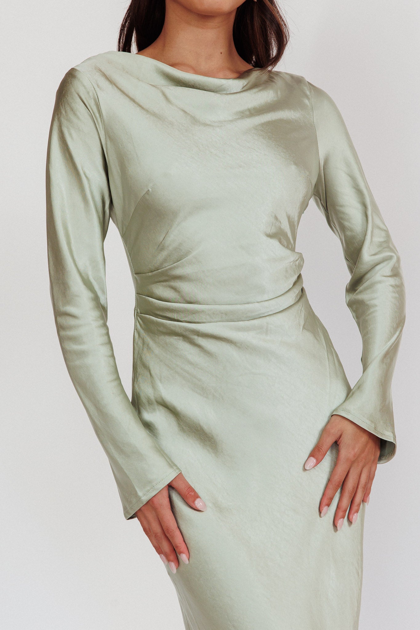 Loveland Cowl Back Midi Dress Sage-Maymioy