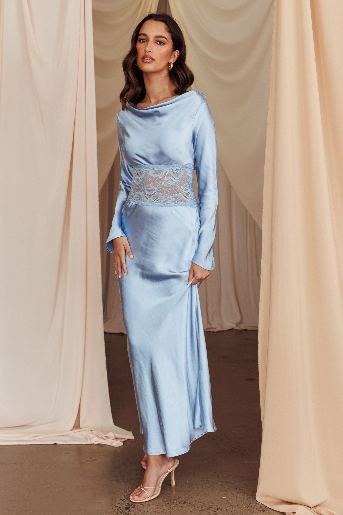 Loveland Lace Insert Cowl Back Dress Blue-Maymioy