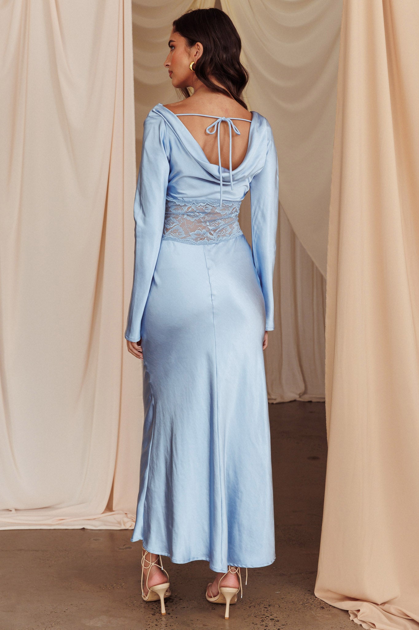 Loveland Lace Insert Cowl Back Dress Blue-Maymioy
